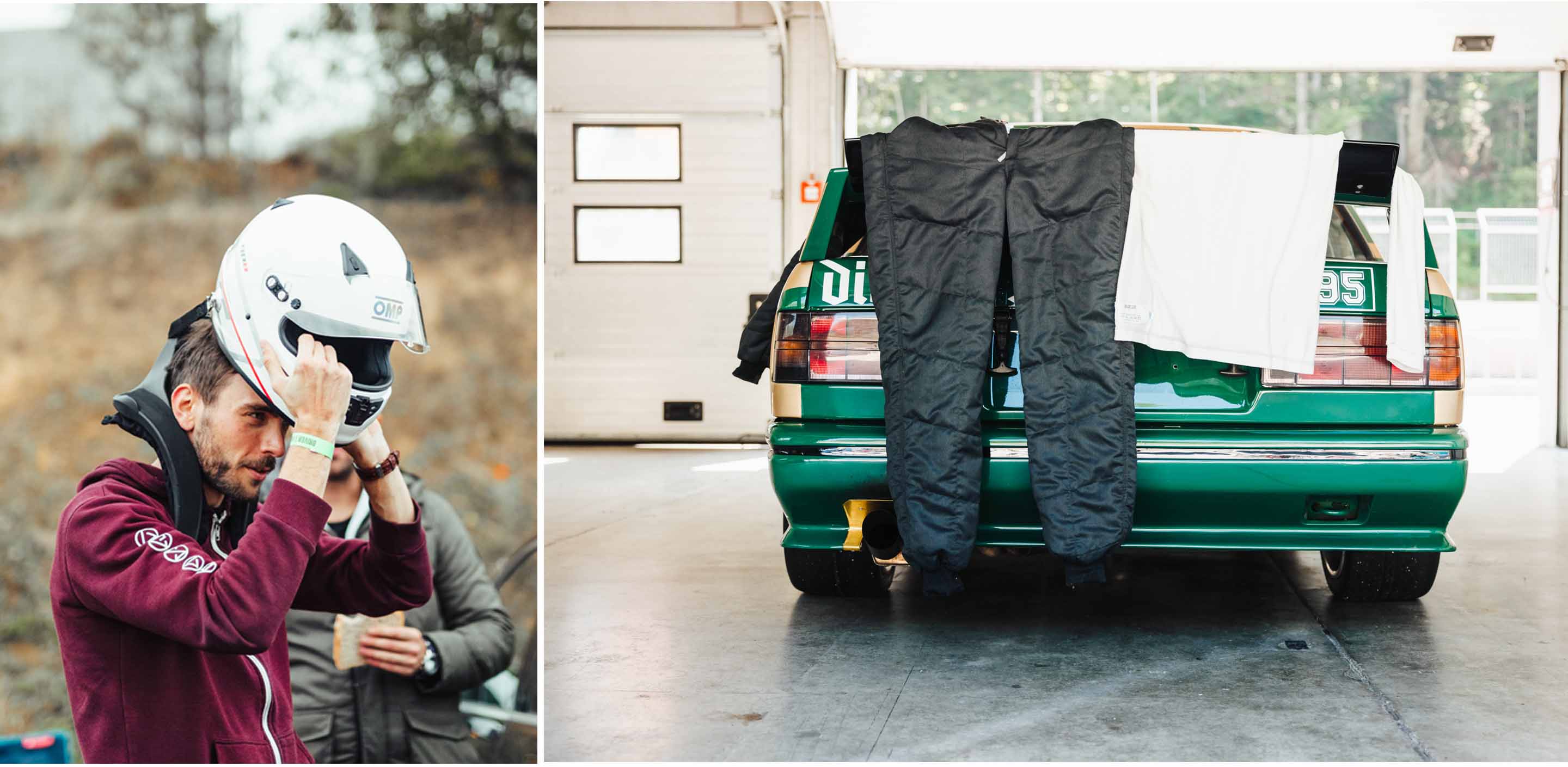 A man putting a helmet on and a racing suit hanging over the wing of a BMW E30 M3 during a GP Days Open Pitlane Track Day at Salzburgring