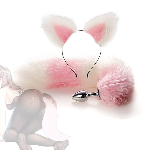 Ensemble de plug anal et oreilles queue de renard rose blanc-Le Royaume Du Plug