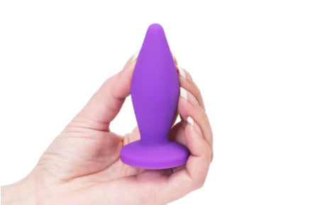 Main de femme tenant un petit plug anal violet-Luckyprize