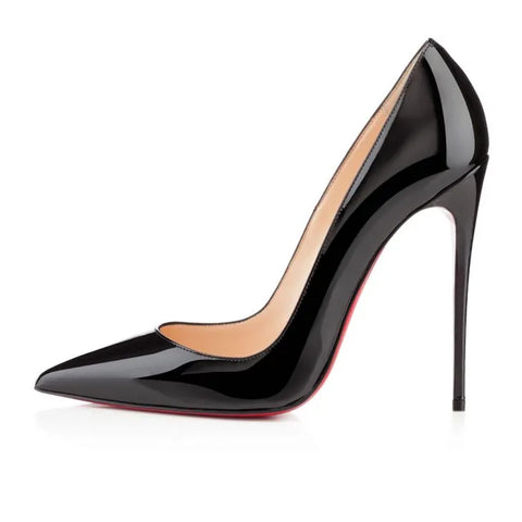 classic black courts shoes by christian loboutin so kate with a tall heel and beige lining against a white background