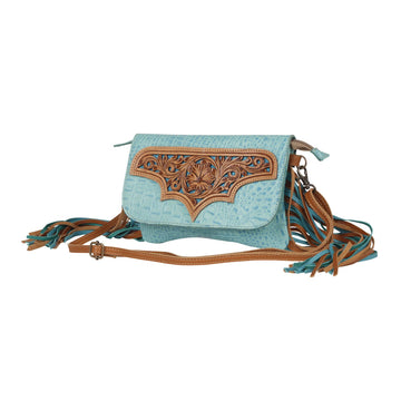 Butch - Teal Hand Tooled Leather Crossbody Bag with Fringe