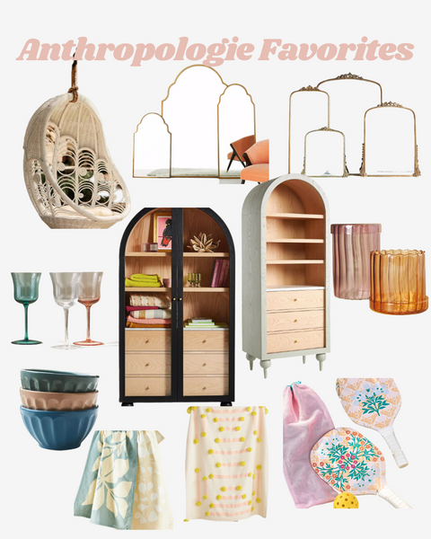 Anthropologie Finds collage with home products, mirror, fern bookshelf, pickleball and towels