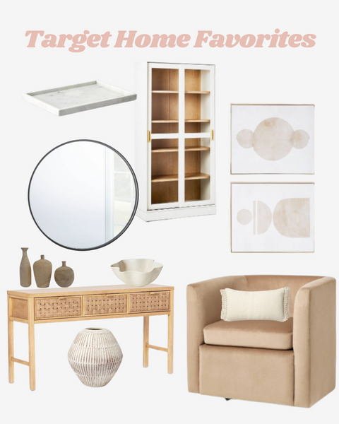 Target collage with home decor, round mirror, brown chair, bookcase, side table, vases and artwork