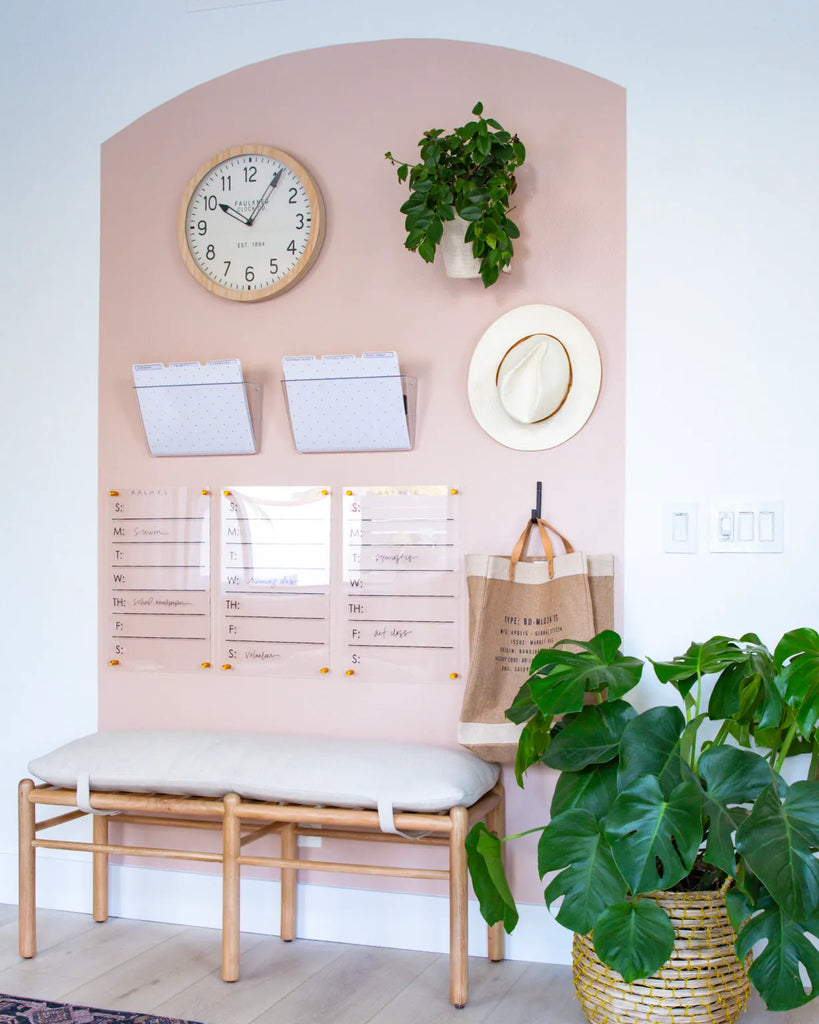 Home command center aesthetic pink with clock, acrylic calendar and bench