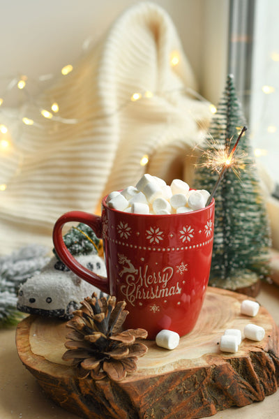 red hot chocolate merry Christmas mug with marshmallows