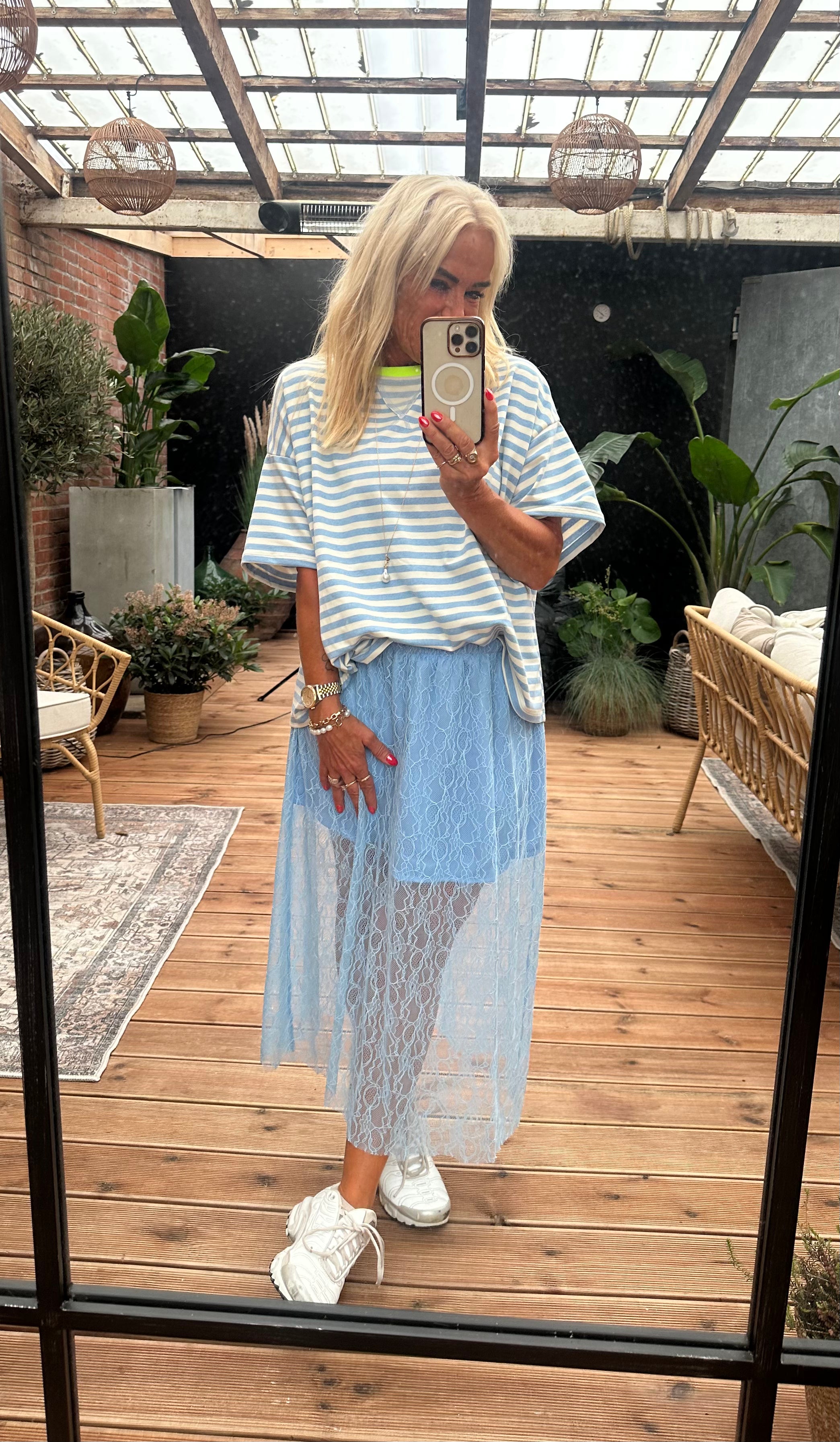 Emsig Exclusive - Sæt Blonde Nederdel & Stribet T-Shirt