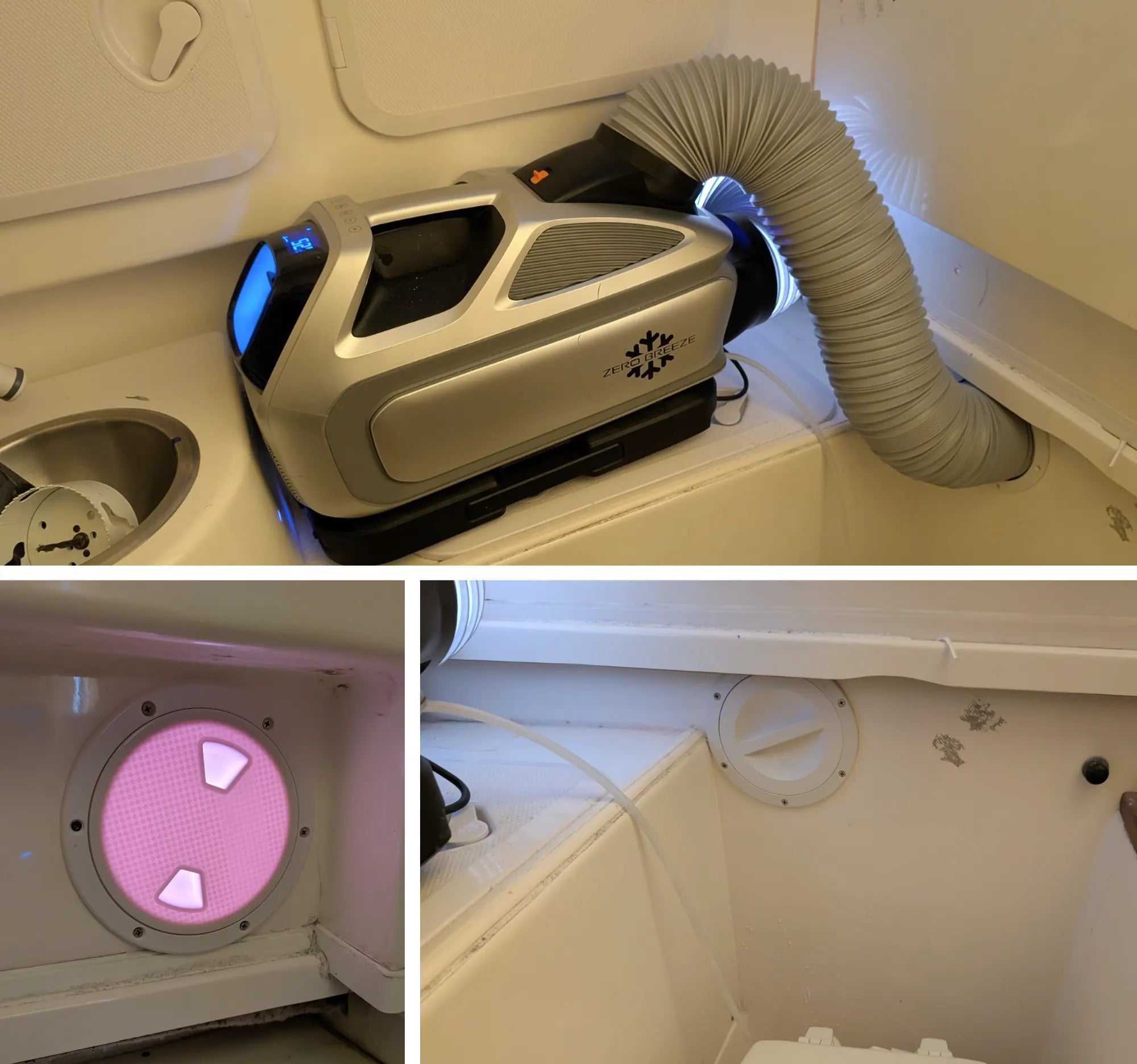 The Mark 3 portable AC is positioned in a boat's compact head (bathroom) area, with its flexible hose connected to a wall vent. The image also details the tight marine interior surroundings.
