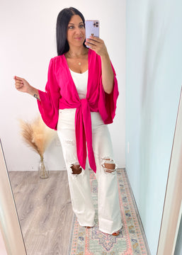 'Hermosa' Deep Hot Pink Tie Front Kimono Sleeve Top