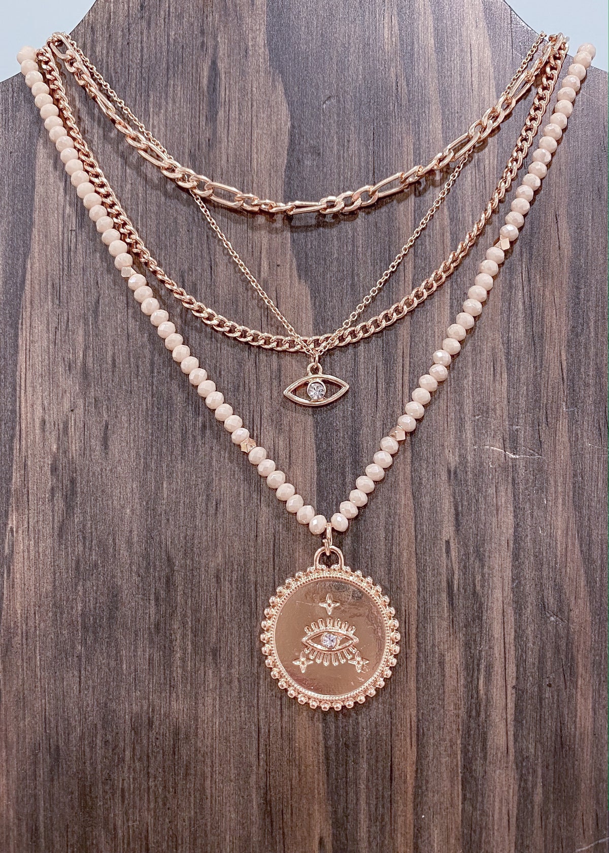 Layered Beaded Chain Necklace with Evil Eye Pendant-Cali Moon Boutique, Plainville Connecticut