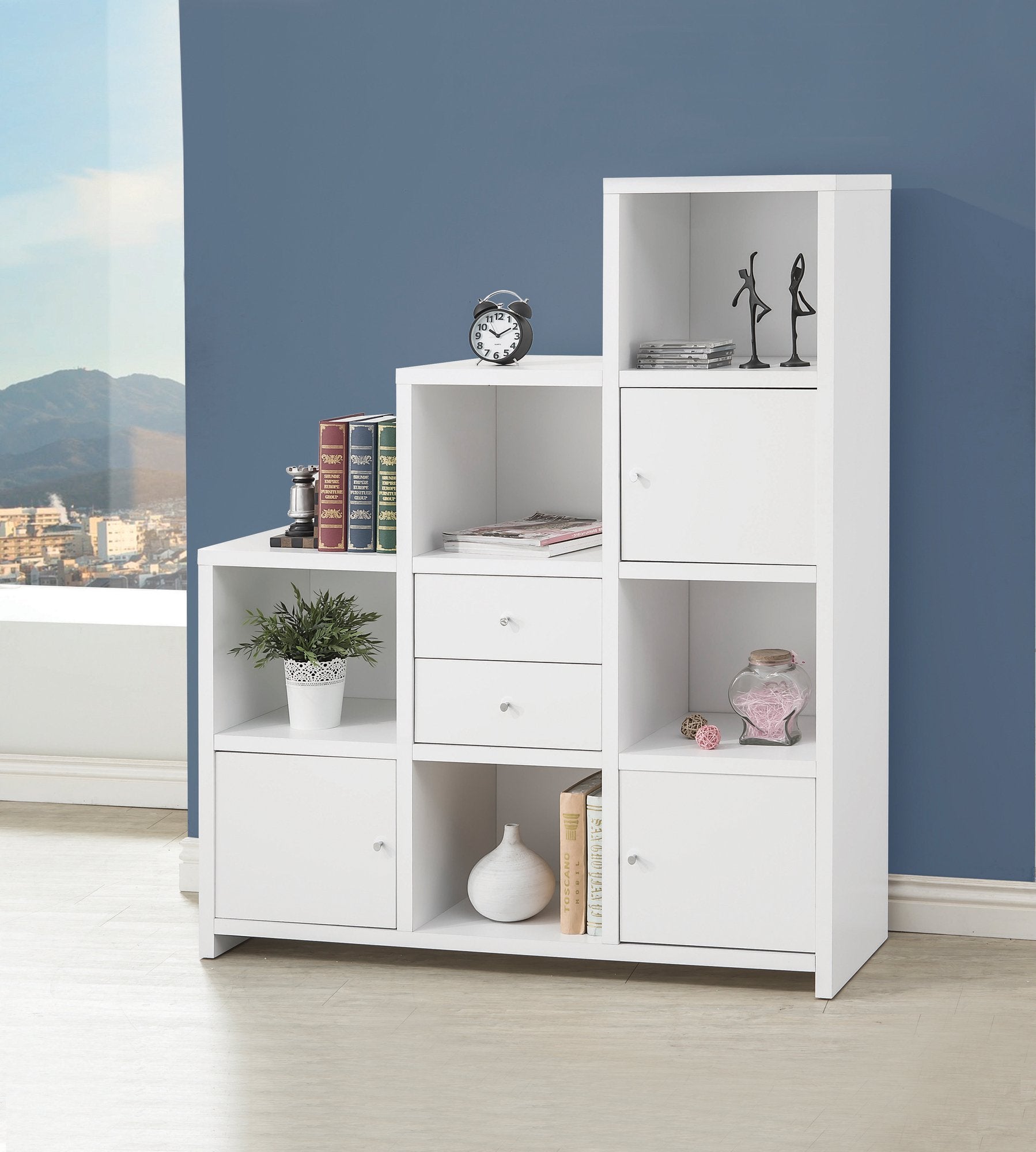 Contemporary White Wood Bookcase With Drawers And Doors Flatfair