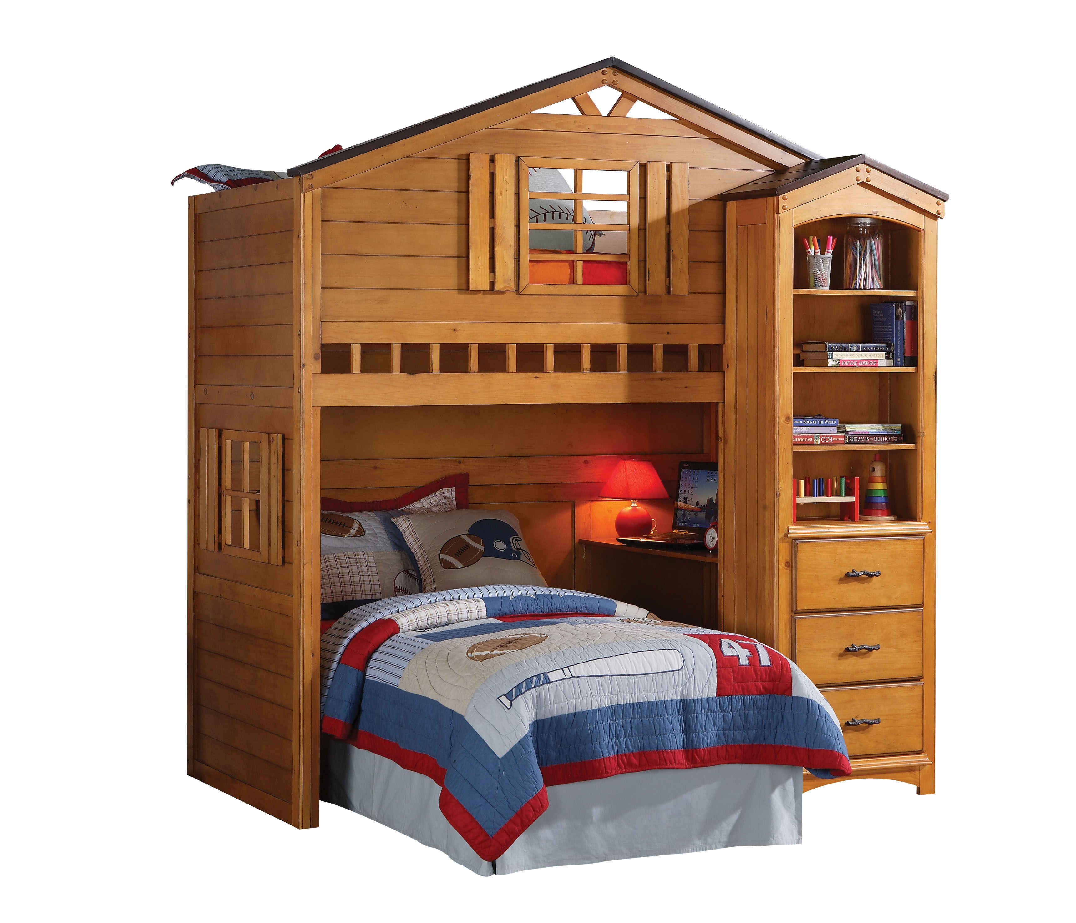 Acme 10160 Rustic Oak Tree House Twin Loft Bed With Desk Bookcase
