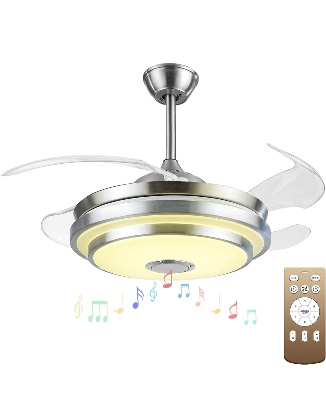 Modern and Fashion Retractable Chandelier Ceiling Fan Indoor Light Dimmable LED Lights Silver for Home Decor, Plus Bluetooth Speaker to Adjust Light Color and Speed