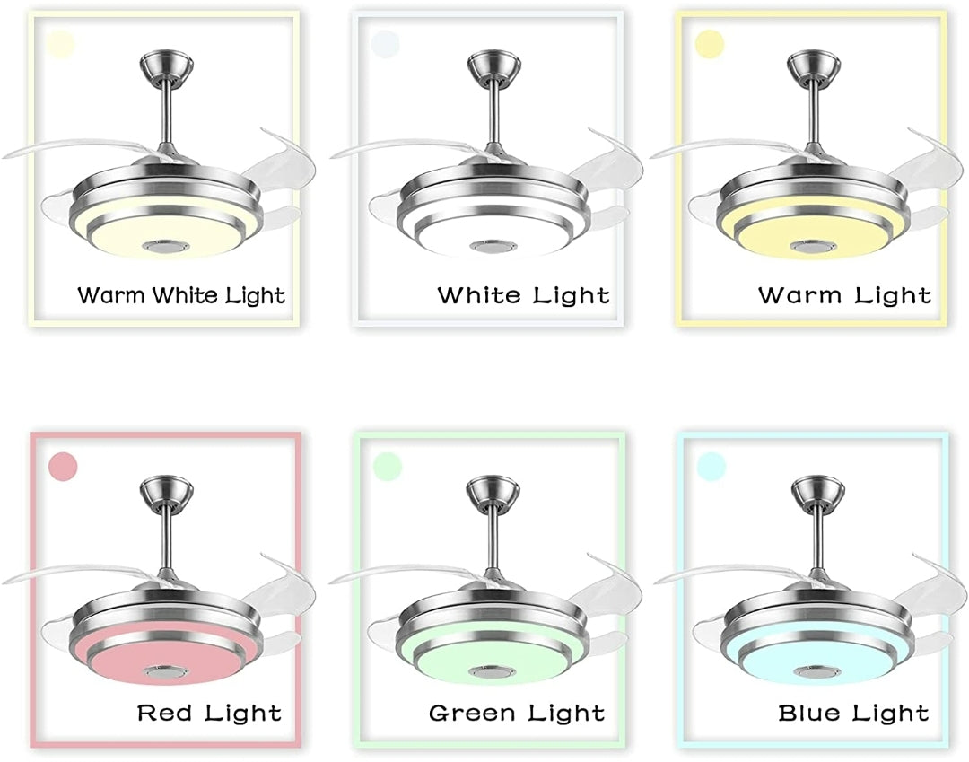 Modern and Fashion Retractable Chandelier Ceiling Fan Indoor Light Dimmable LED Lights Silver for Home Decor, Plus Bluetooth Speaker to Adjust Light Color and Speed
