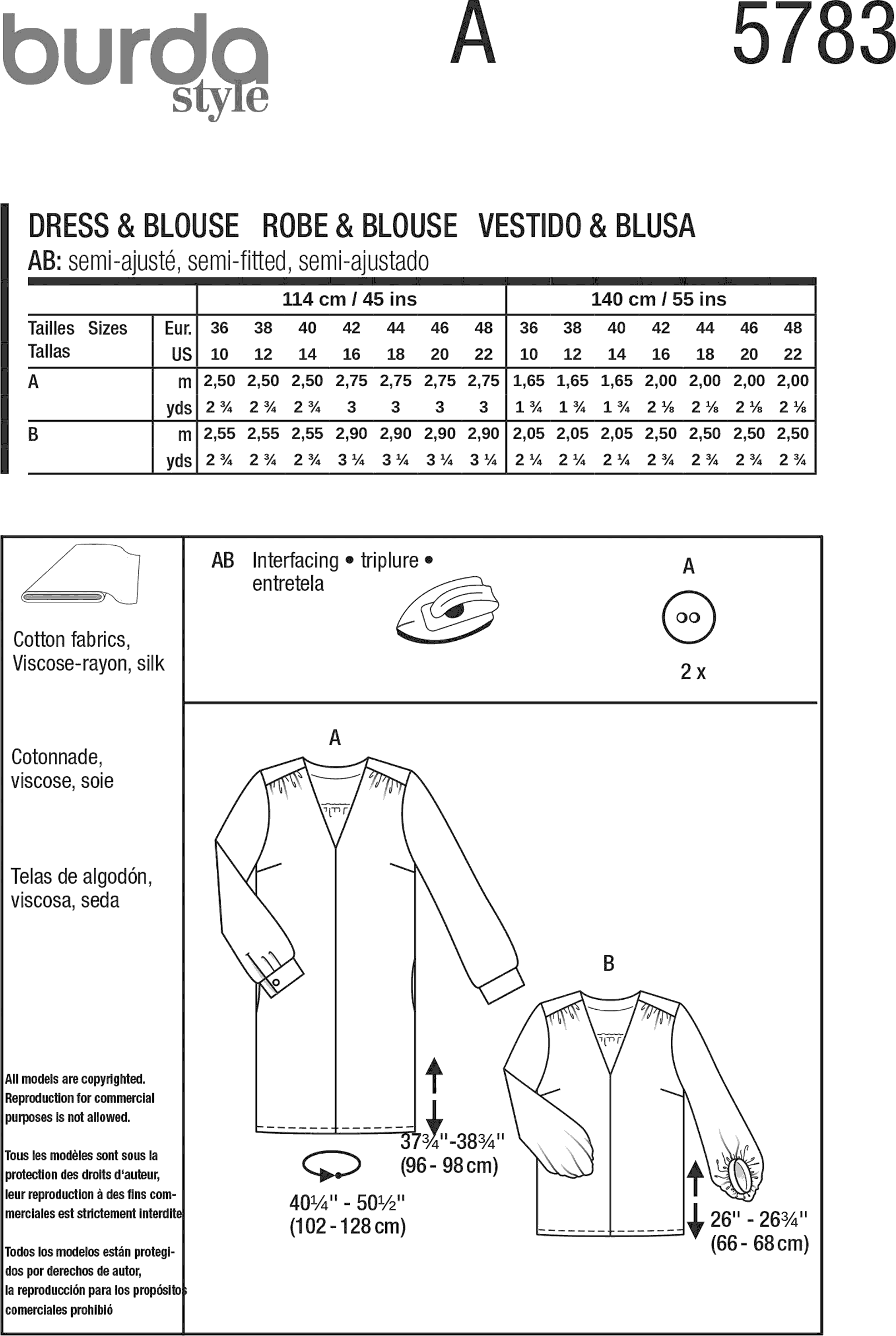 Burda Style Pattern 5783 Misses Dress and Blouse B5783 Fabric Quantity Requirements From Patternsandplains.com