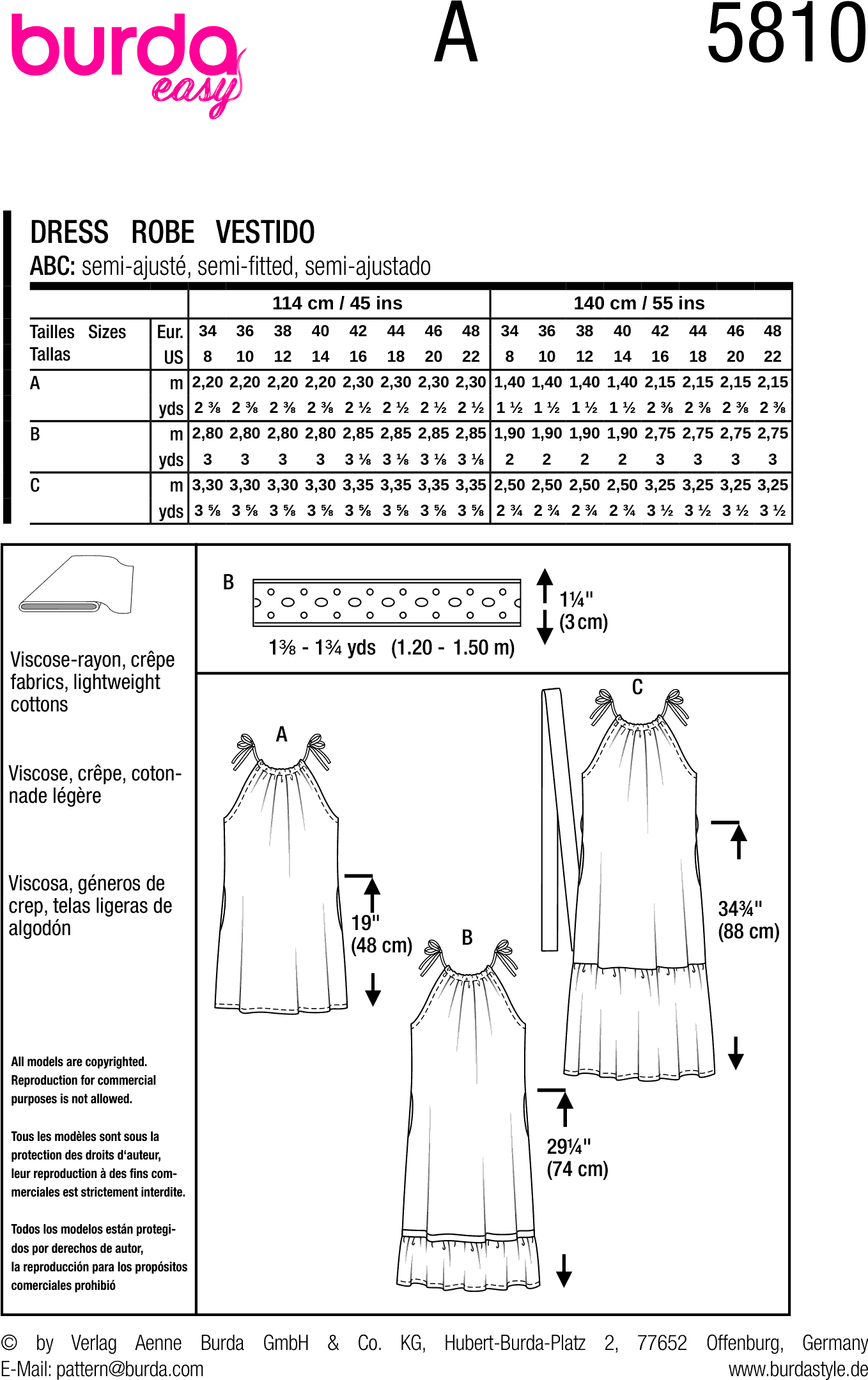 Burda Style Pattern 5810 Misses Dress B5810 Fabric Quantity Requirements From Patternsandplains.com