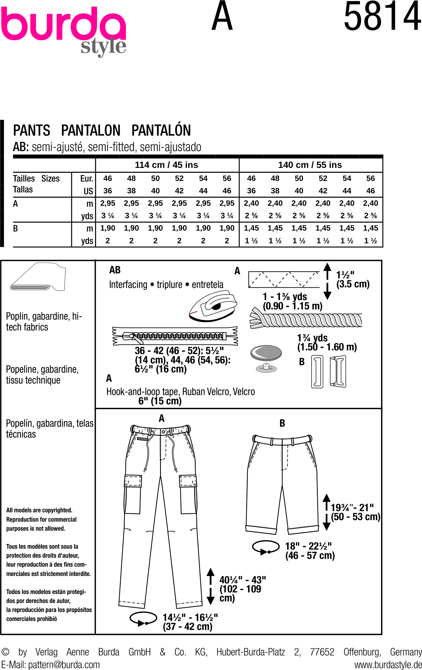 Burda Style Pattern 5814 Mens Pants B5814 Fabric Quantity Requirements From Patternsandplains.com
