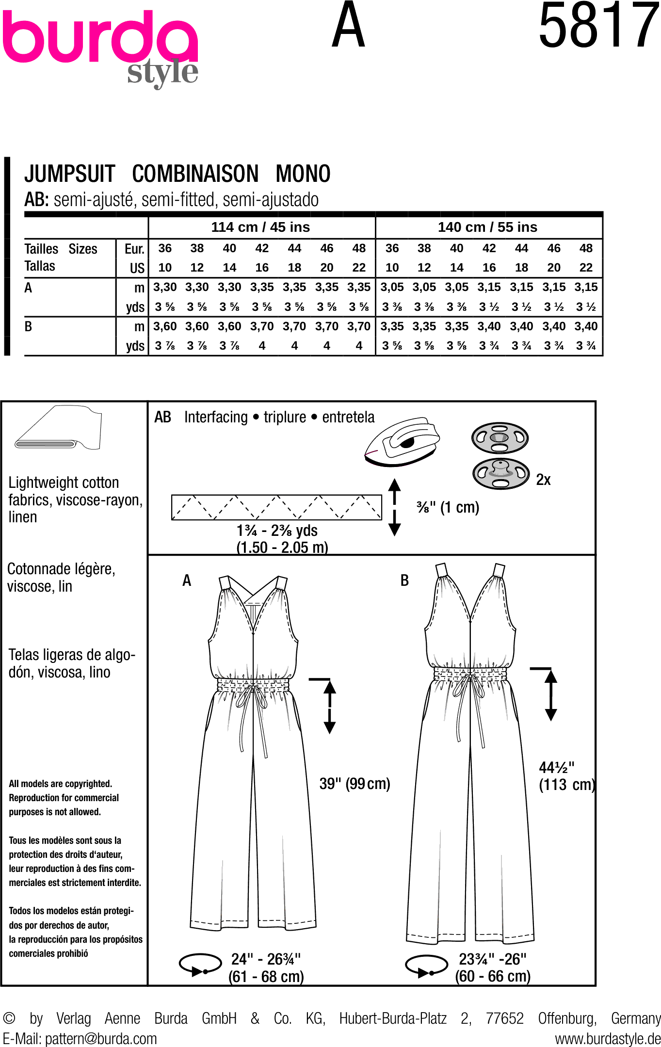 Burda Style Pattern 5817 Misses Overall B5817 Fabric Quantity Requirements From Patternsandplains.com