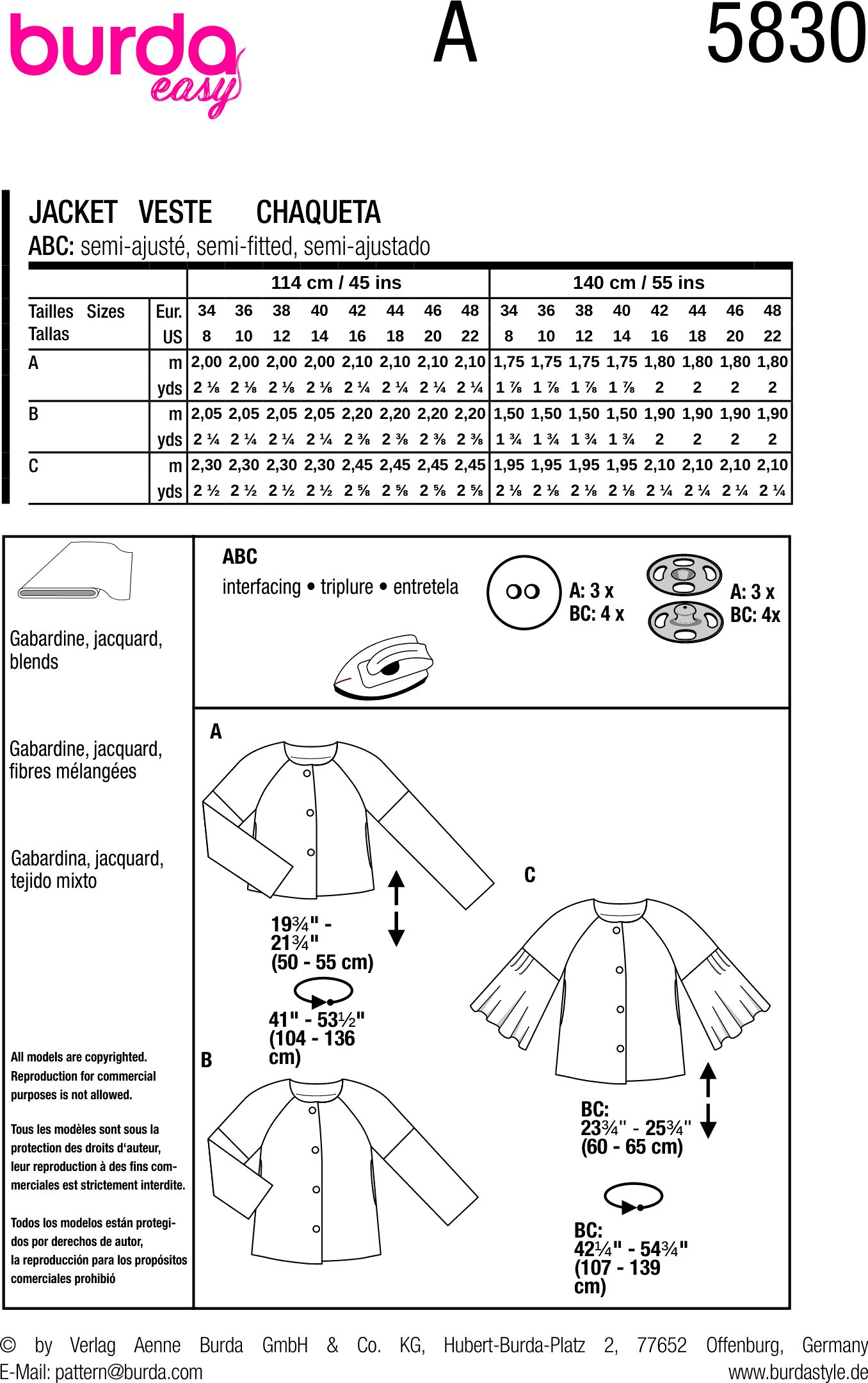 Burda Style Pattern 5830 Misses Jacket B5830 Fabric Quantity Requirements From Patternsandplains.com