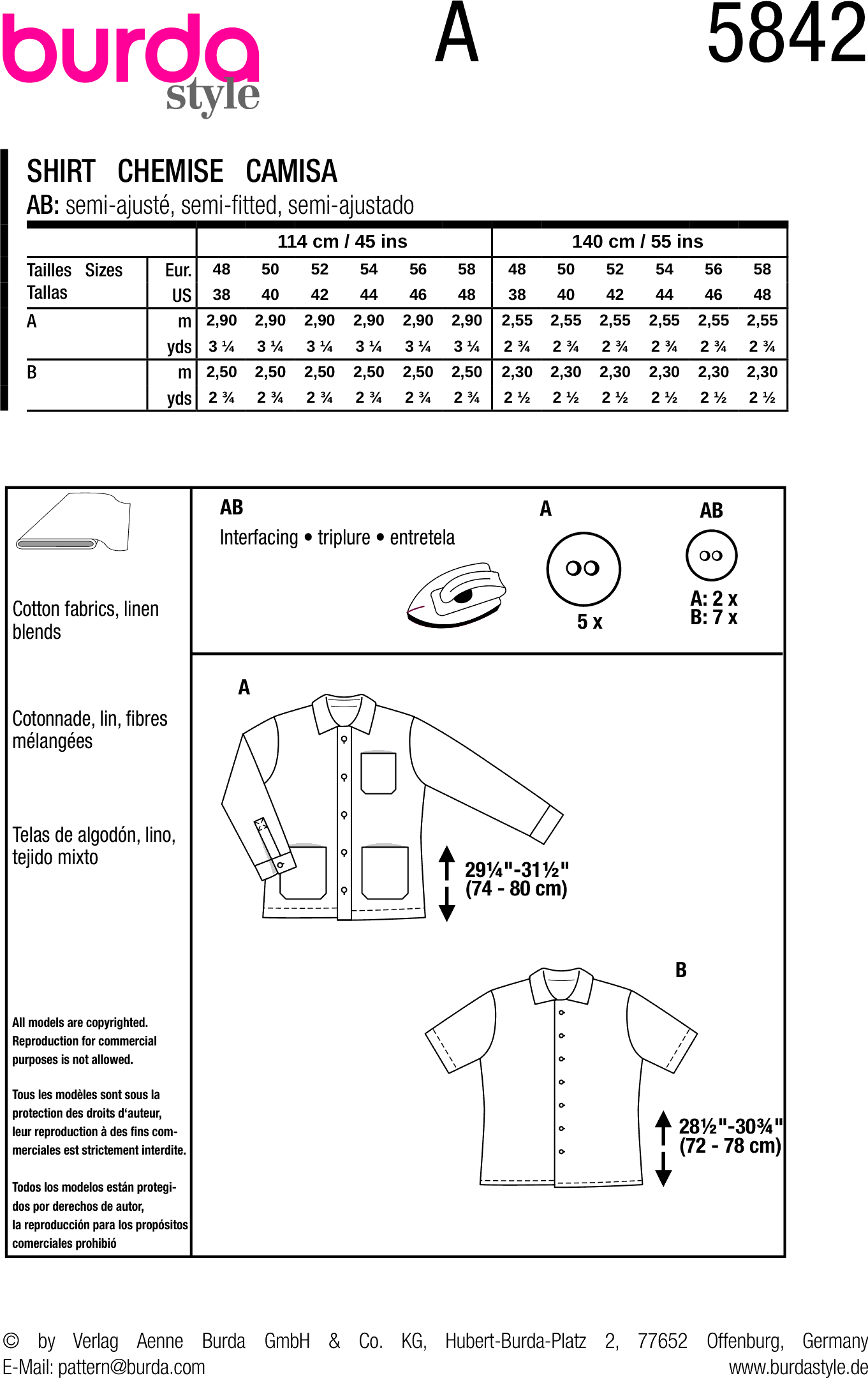 Burda Style Pattern 5842 Mens Shirt B5842 Fabric Quantity Requirements From Patternsandplains.com