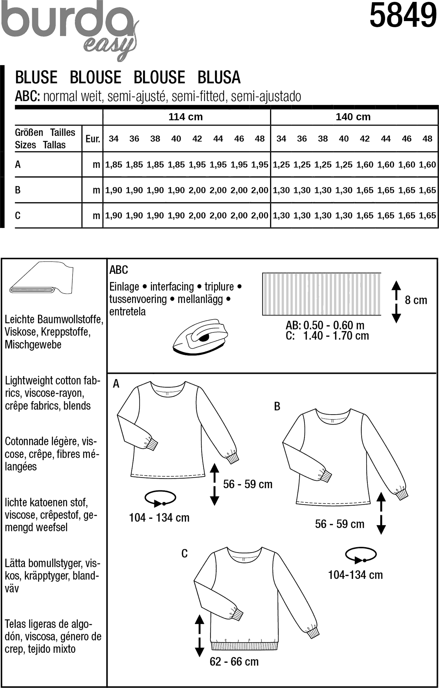 Burda Style Pattern 5849 Misses Blouse B5849 Fabric Quantity Requirements From Patternsandplains.com