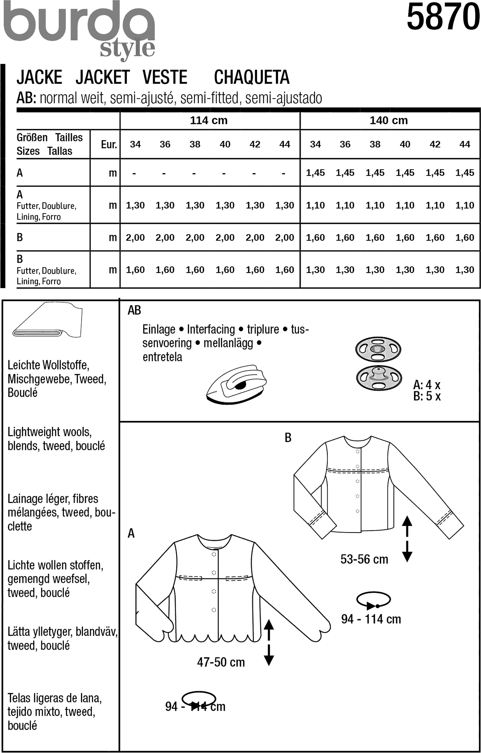 Burda Style Pattern 5870 Misses Jacket B5870 Fabric Quantity Requirements From Patternsandplains.com