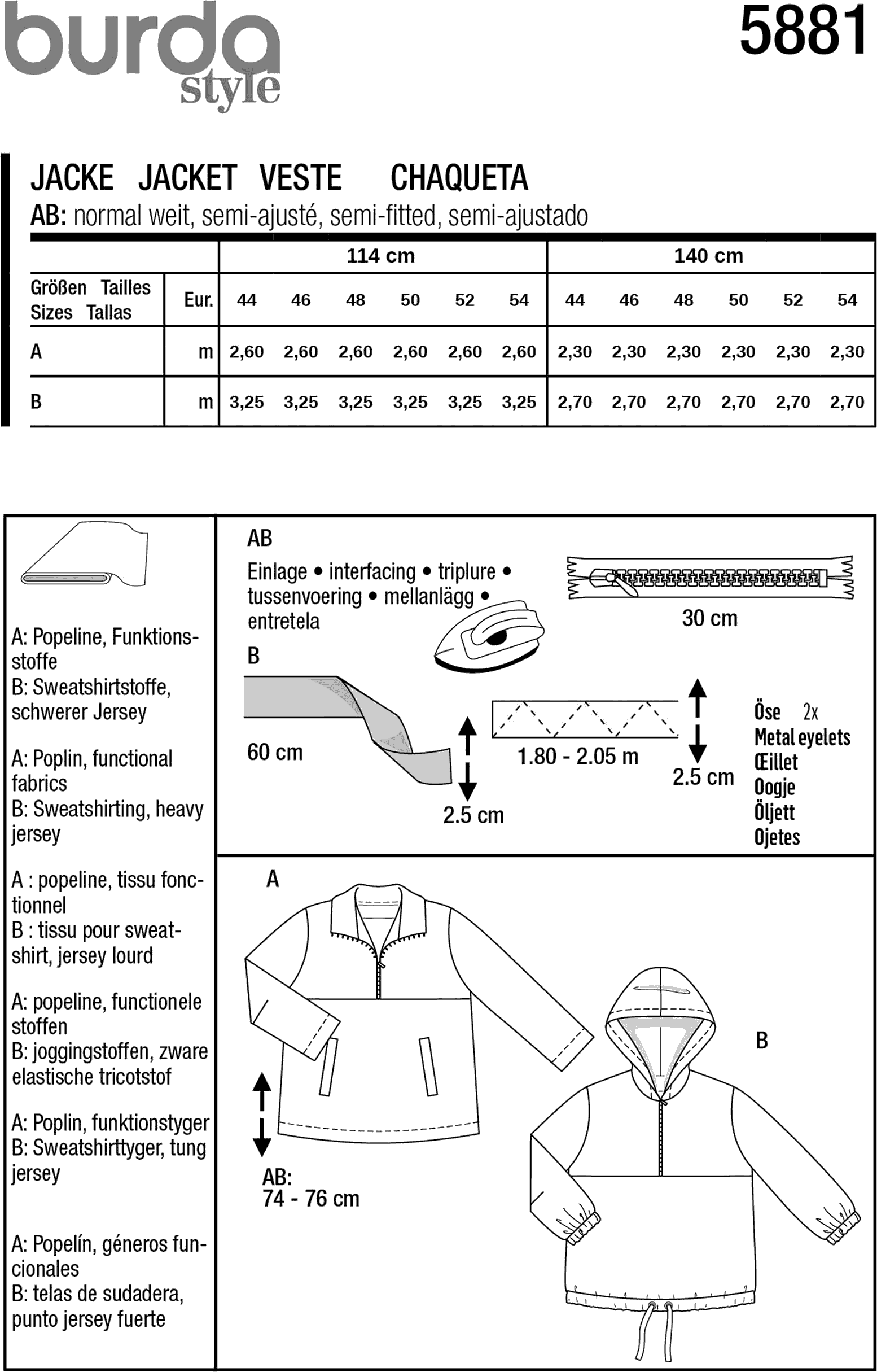 Burda Style Pattern 5881 Misses Jacket B5881 Fabric Quantity Requirements From Patternsandplains.com