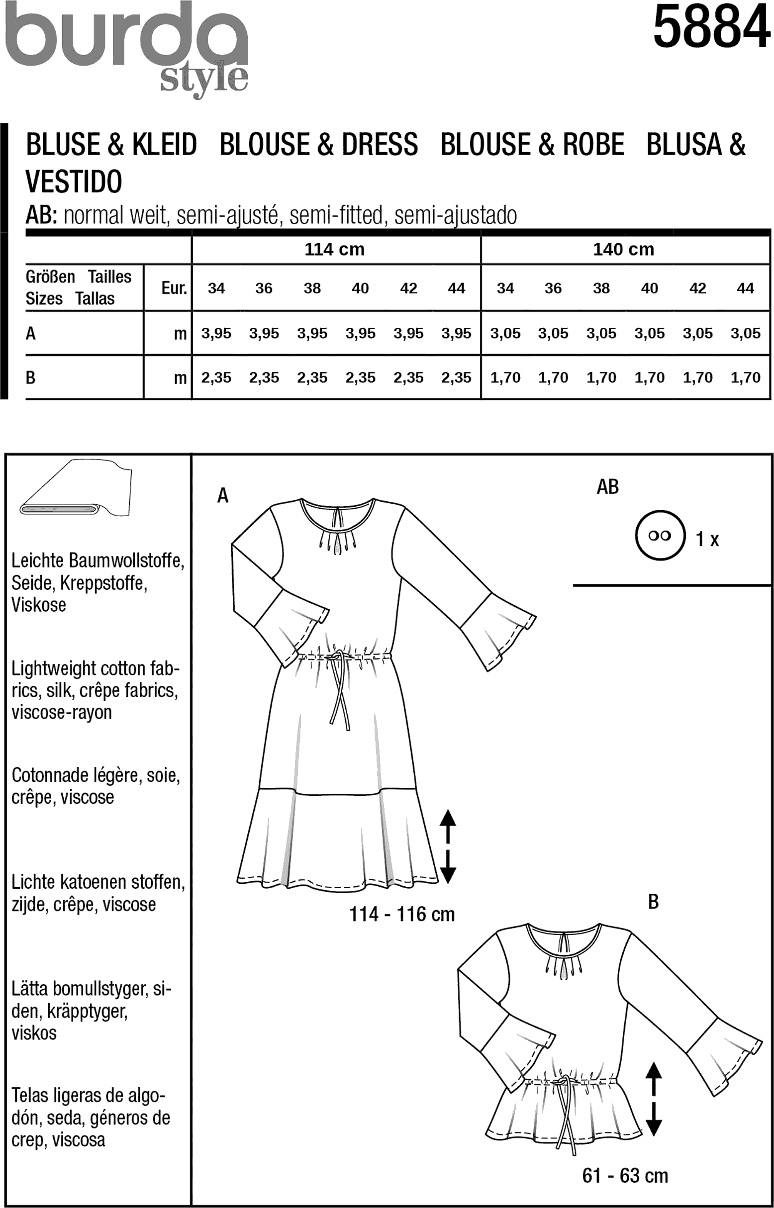 Burda Style Pattern 5884 Misses Blouse and Dress B5884 Fabric Quantity Requirements From Patternsandplains.com