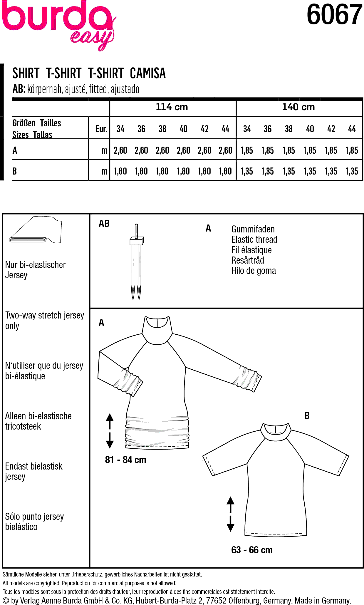 Burda Style Pattern 6067 Misses Top with Raglan Sleeves B6067 Fabric Quantity Requirements From Patternsandplains.com