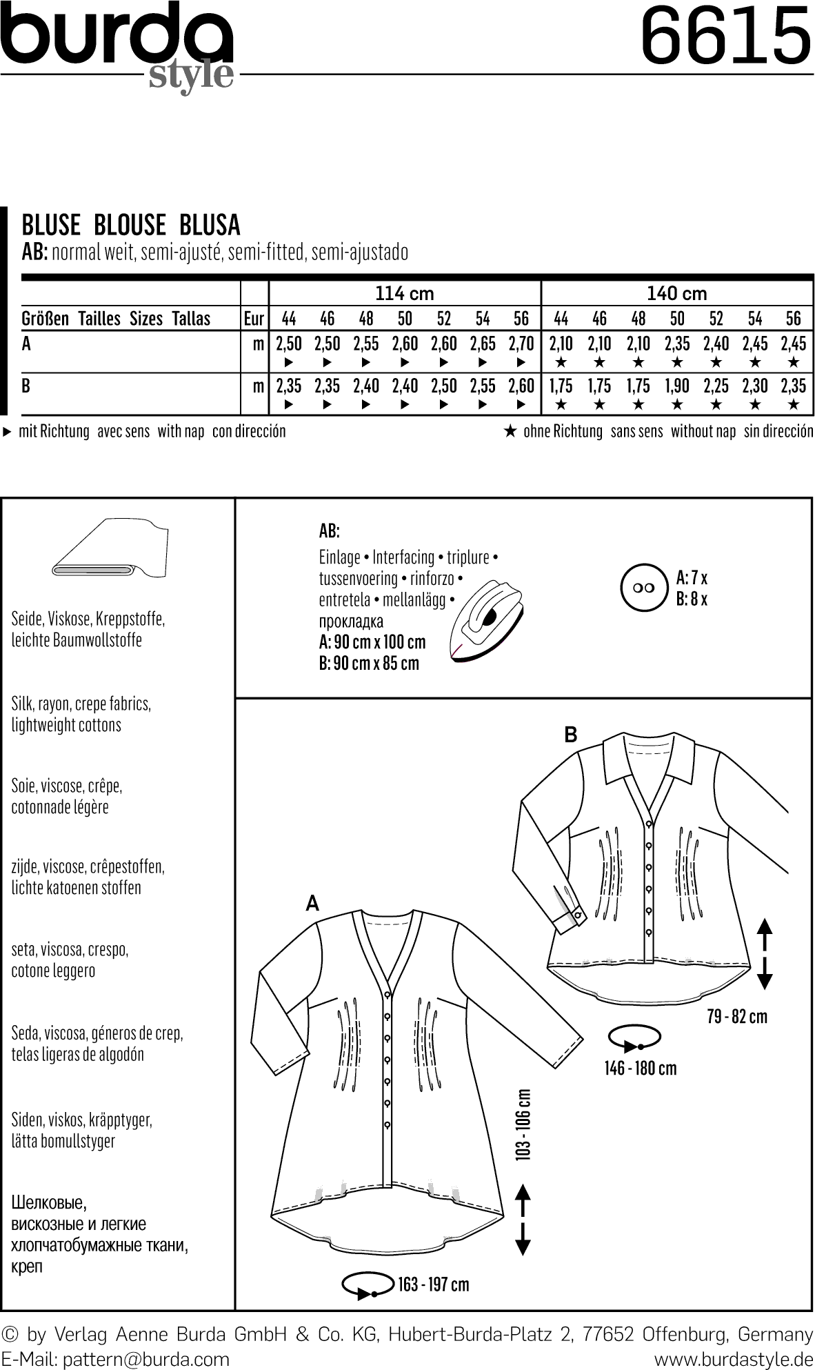 Burda Style Pattern 6615 Blouse 6615 Fabric Quantity Requirements From Patternsandplains.com