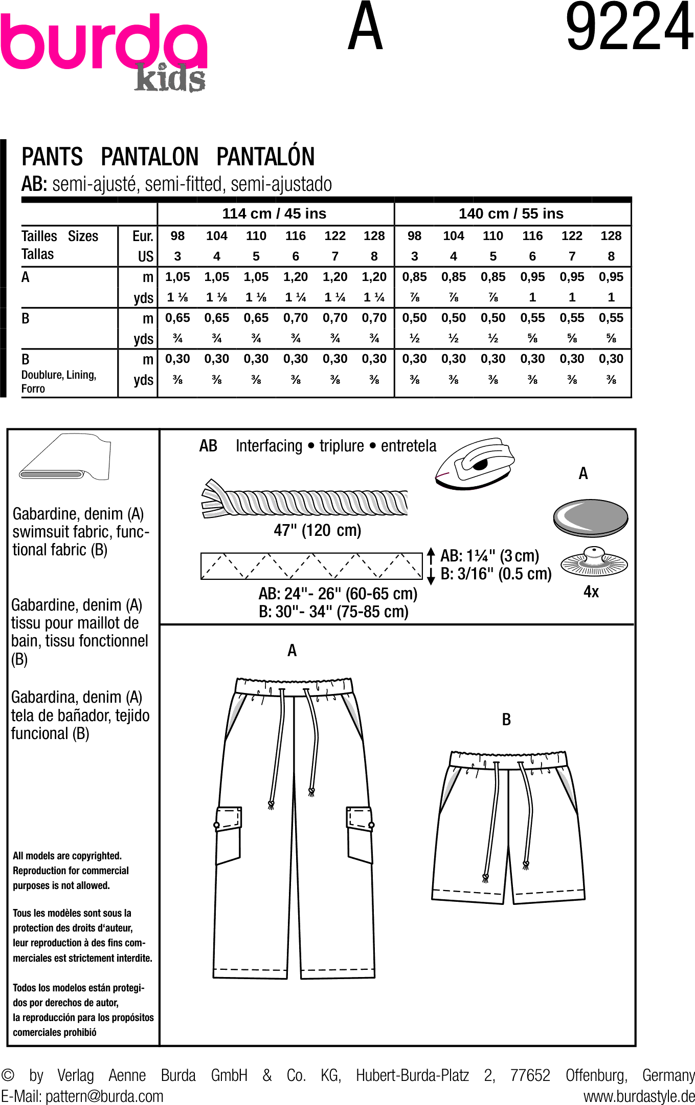 Burda Style Pattern 9224 Childrens Pants B9224 Fabric Quantity Requirements From Patternsandplains.com