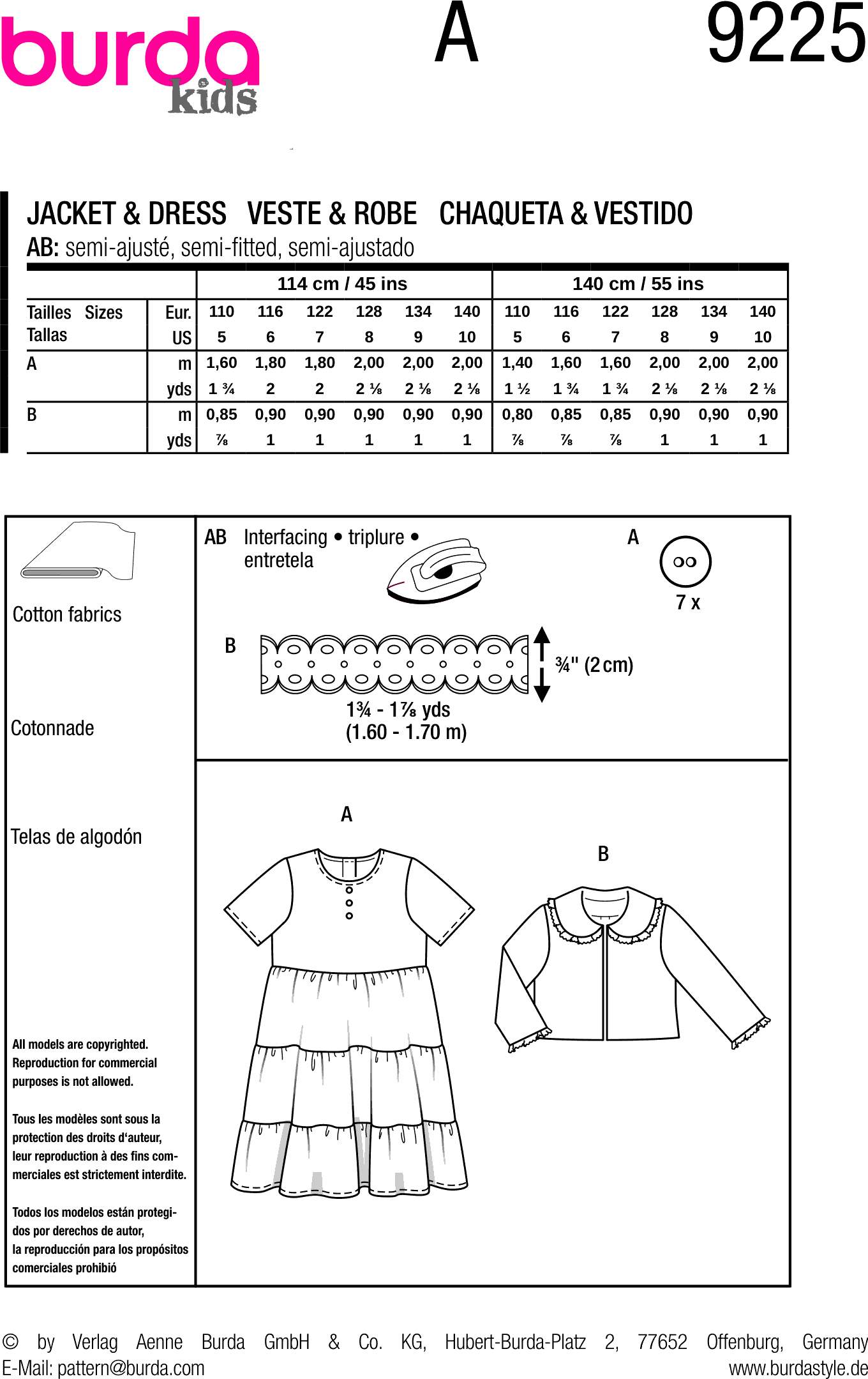 Burda Style Pattern 9225 Childrens Jacket and Dress B9225 Fabric Quantity Requirements From Patternsandplains.com