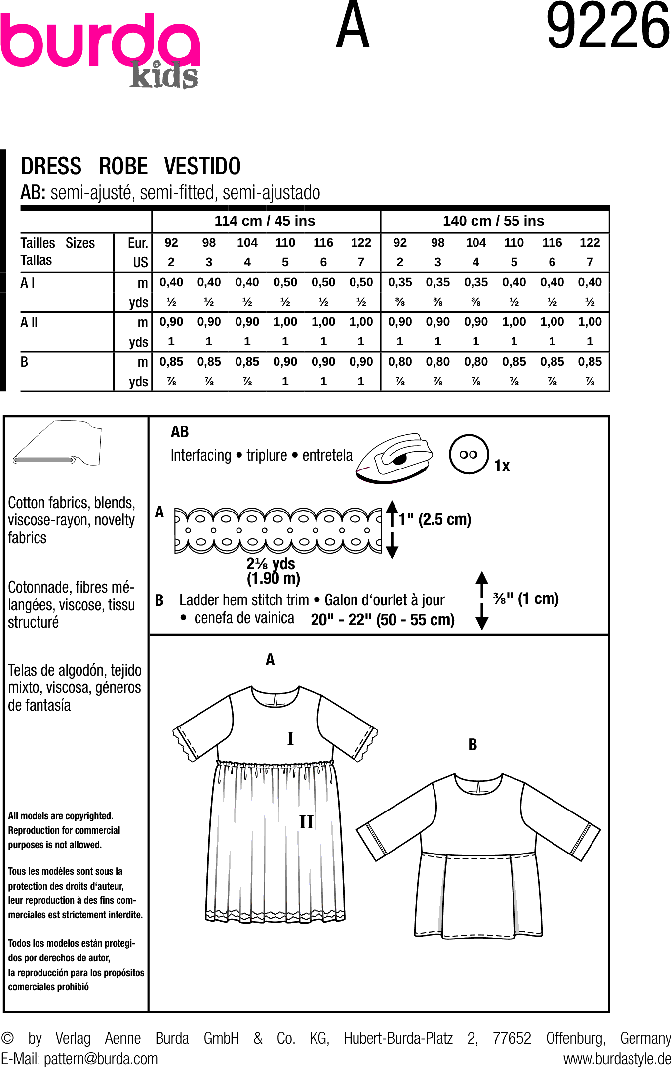 Burda Style Pattern 9226 Childrens Dress B9226 Fabric Quantity Requirements From Patternsandplains.com