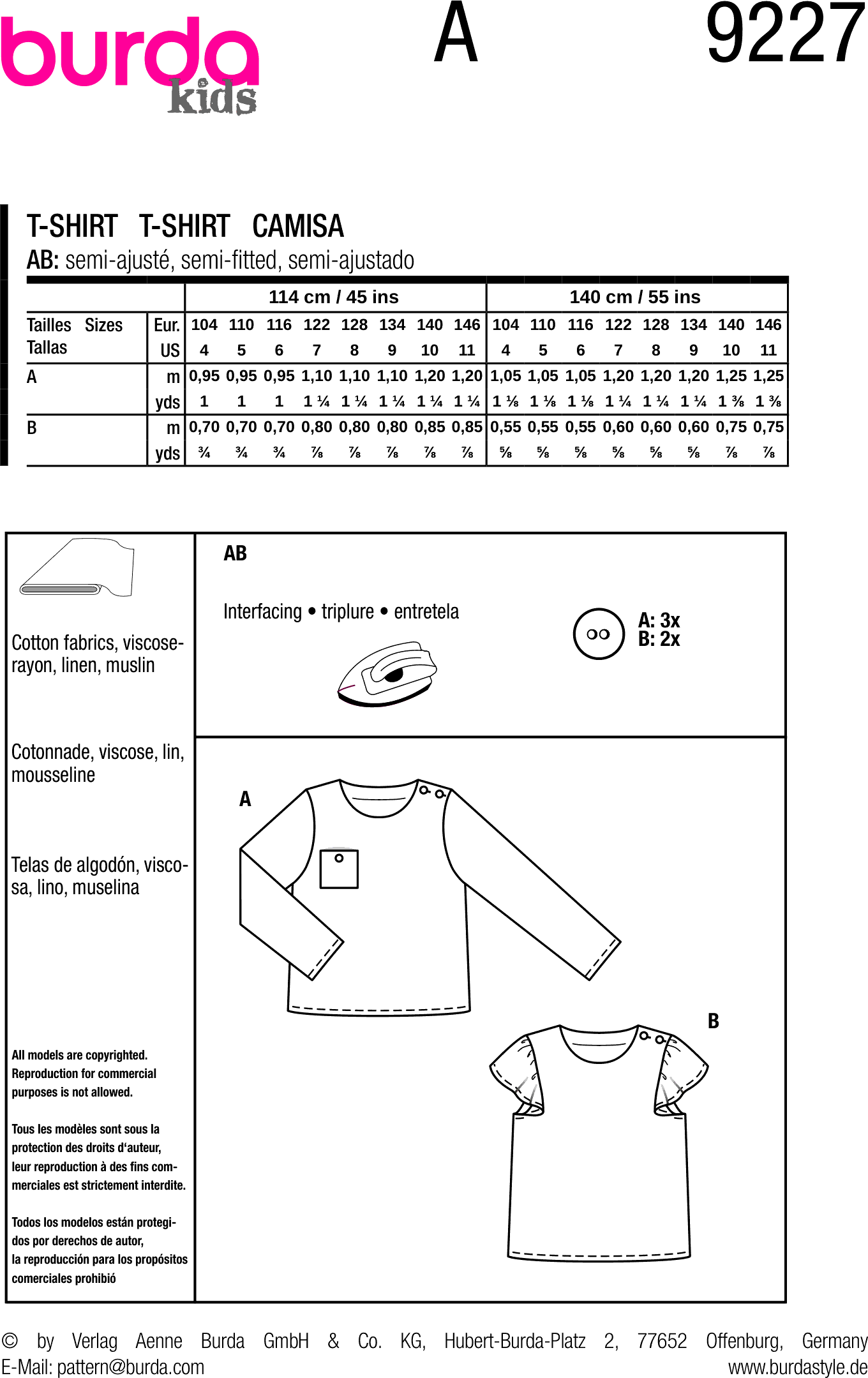 Burda Style Pattern 9227 Childrens Shirt B9227 Fabric Quantity Requirements From Patternsandplains.com