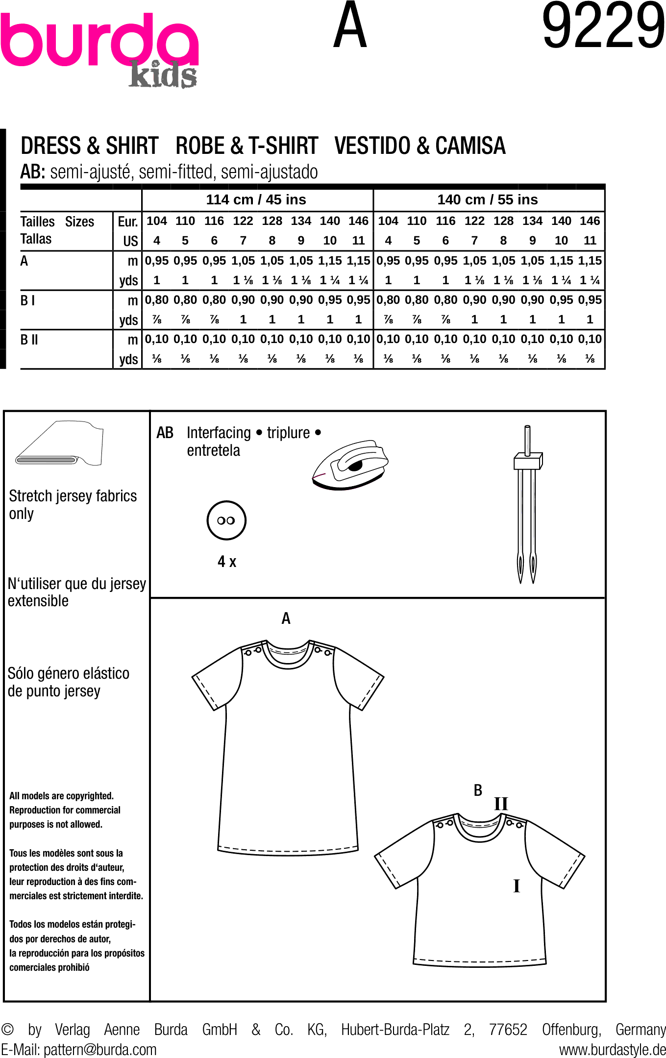 Burda Style Pattern 9229 Childrens Dress and Shirt B9229 Fabric Quantity Requirements From Patternsandplains.com