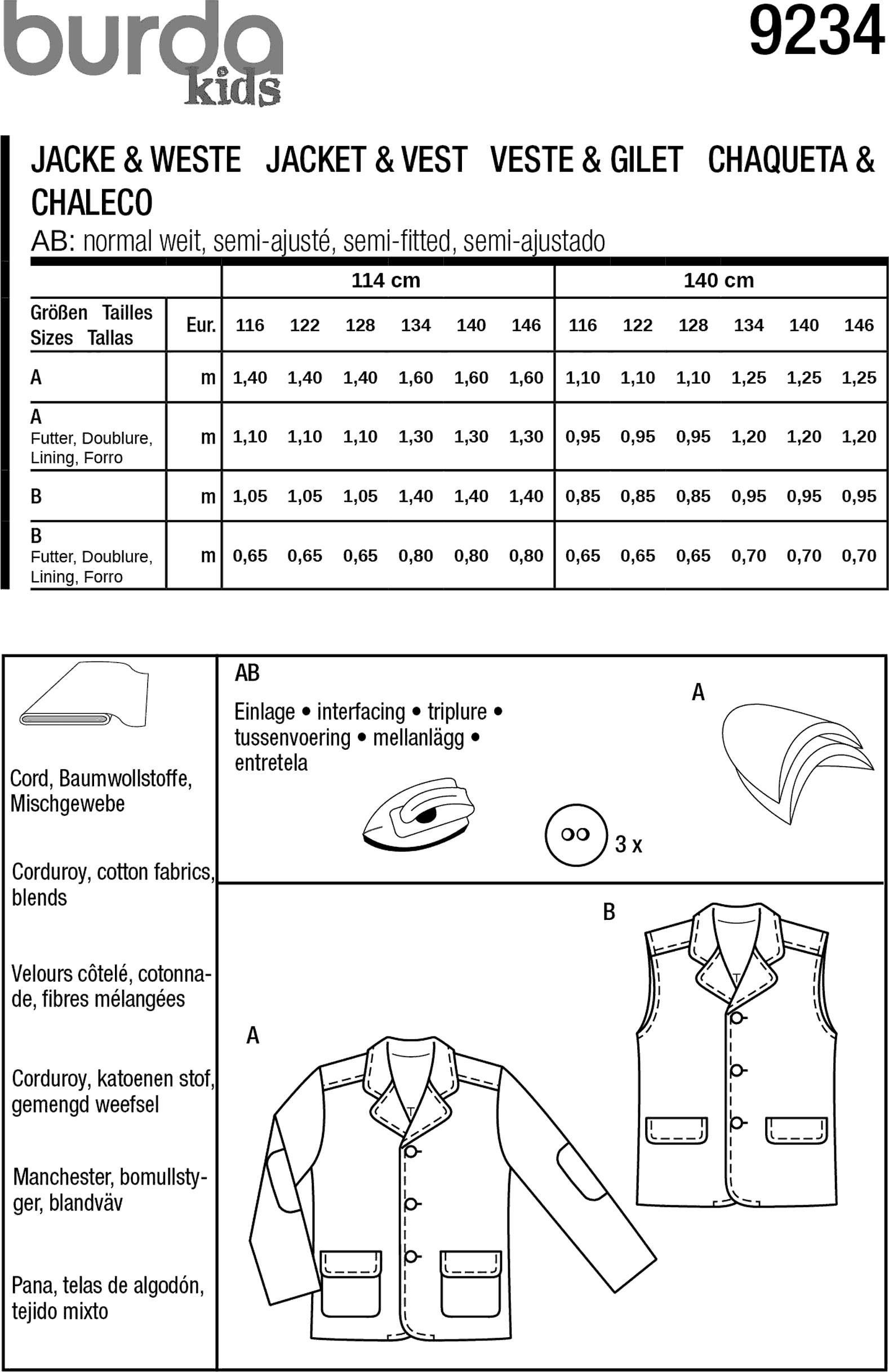 Burda Style Pattern 9234 Childrens Jacket and Waistcoat Vest B9234 Fabric Quantity Requirements From Patternsandplains.com