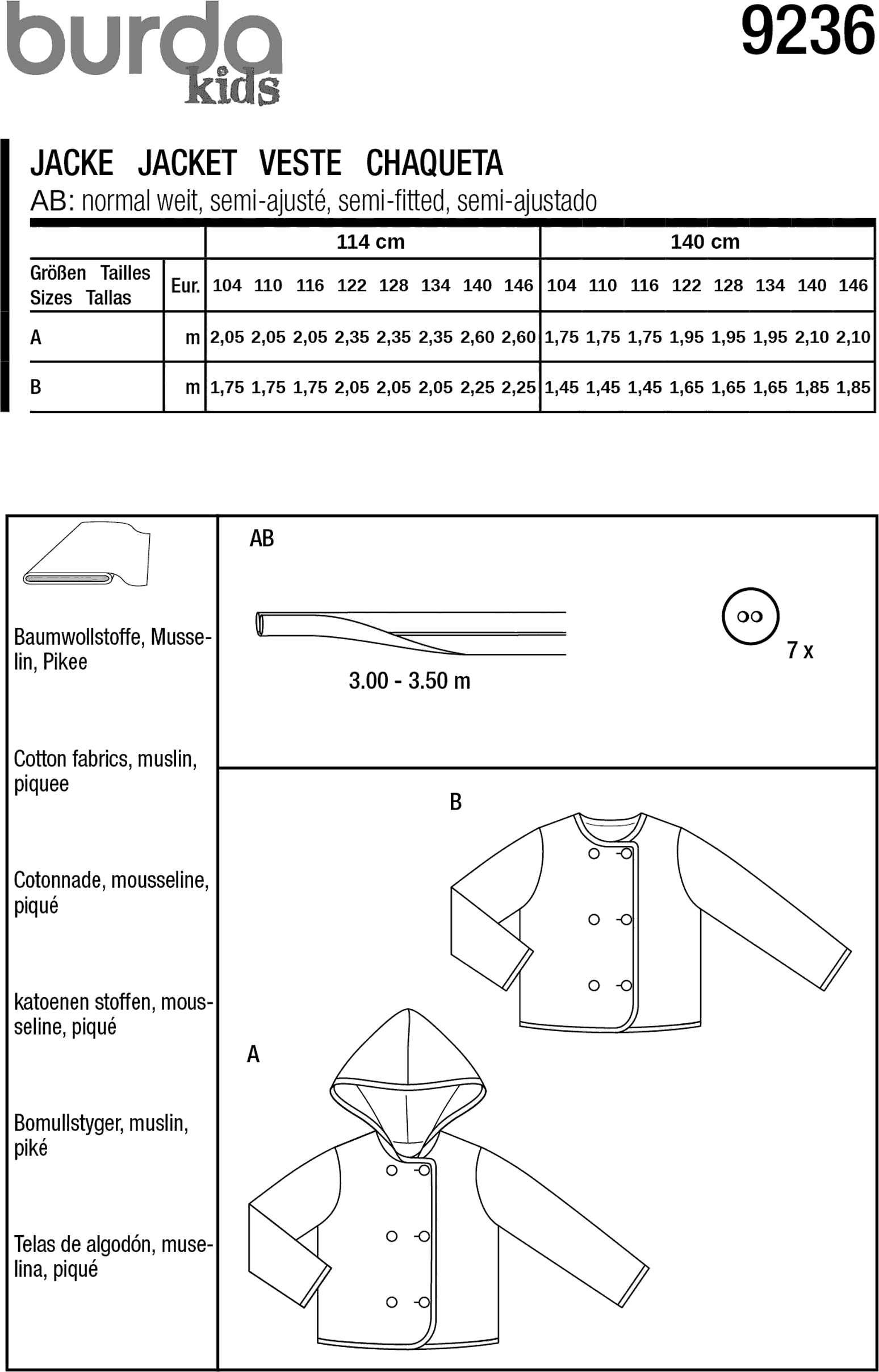 Burda Style Pattern 9236 Childrens Jacket B9236 Fabric Quantity Requirements From Patternsandplains.com