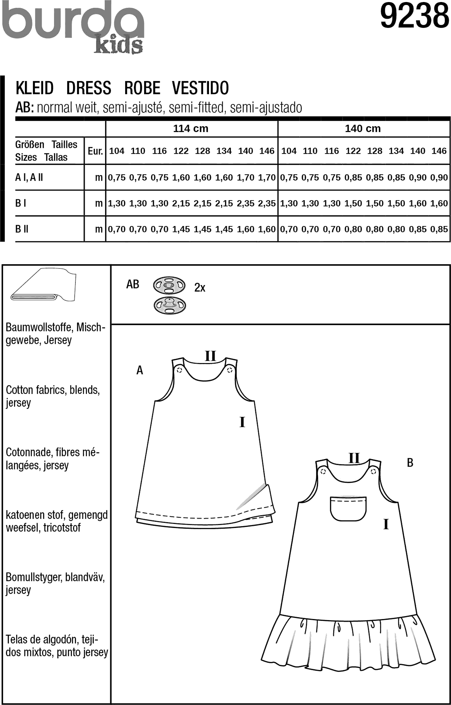 Burda Style Pattern 9238 Childrens Dress B9238 Fabric Quantity Requirements From Patternsandplains.com