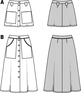 Burda Style Pattern B6252 Misses Skirts Front Fastening Mini or Midi Length with Pocket Variations 6252 Line Art From Patternsandplains.com
