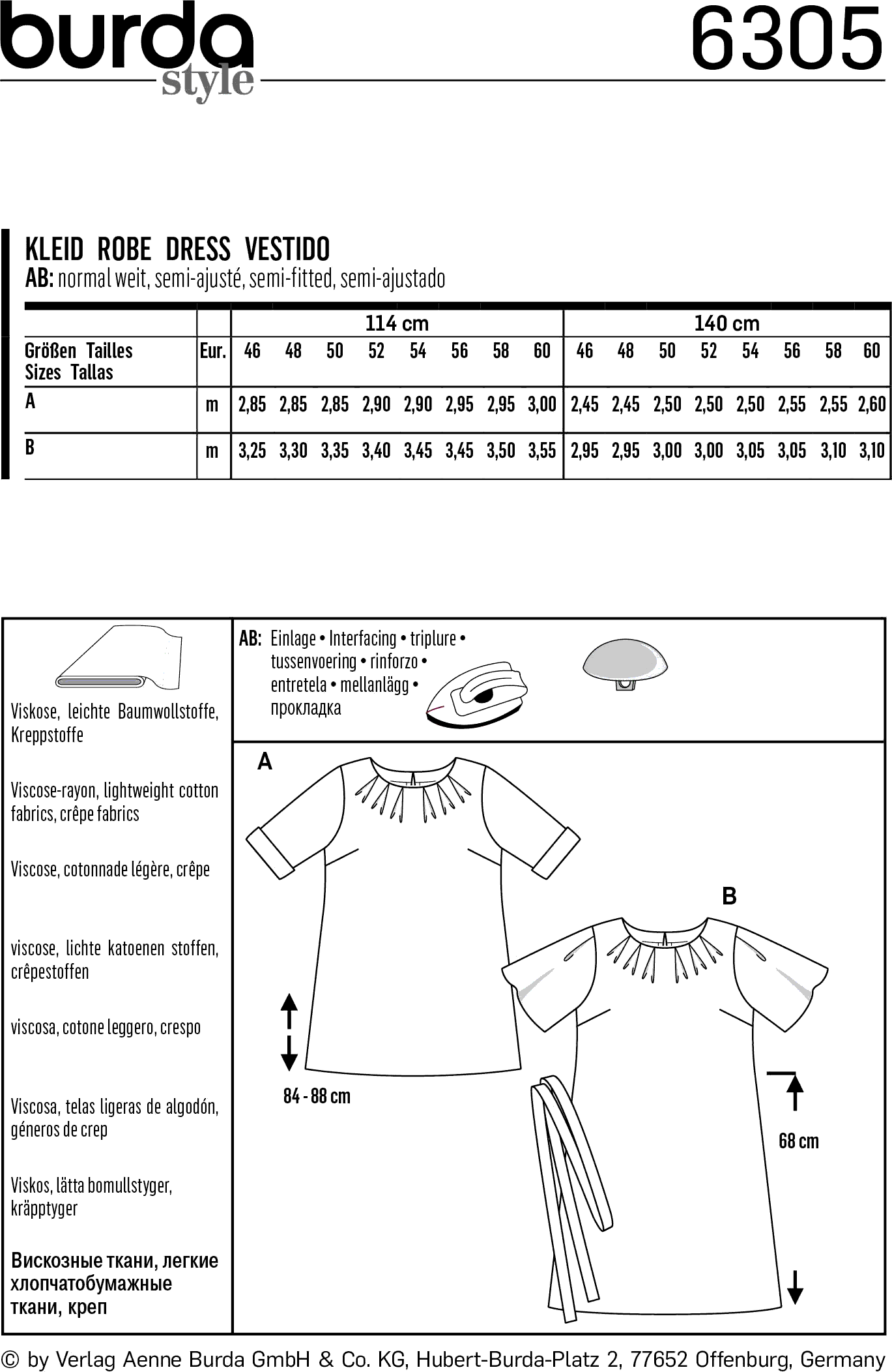 Burda Style Pattern B6305 Womens top and dress 6305 Fabric Quantity Requirements From Patternsandplains.com