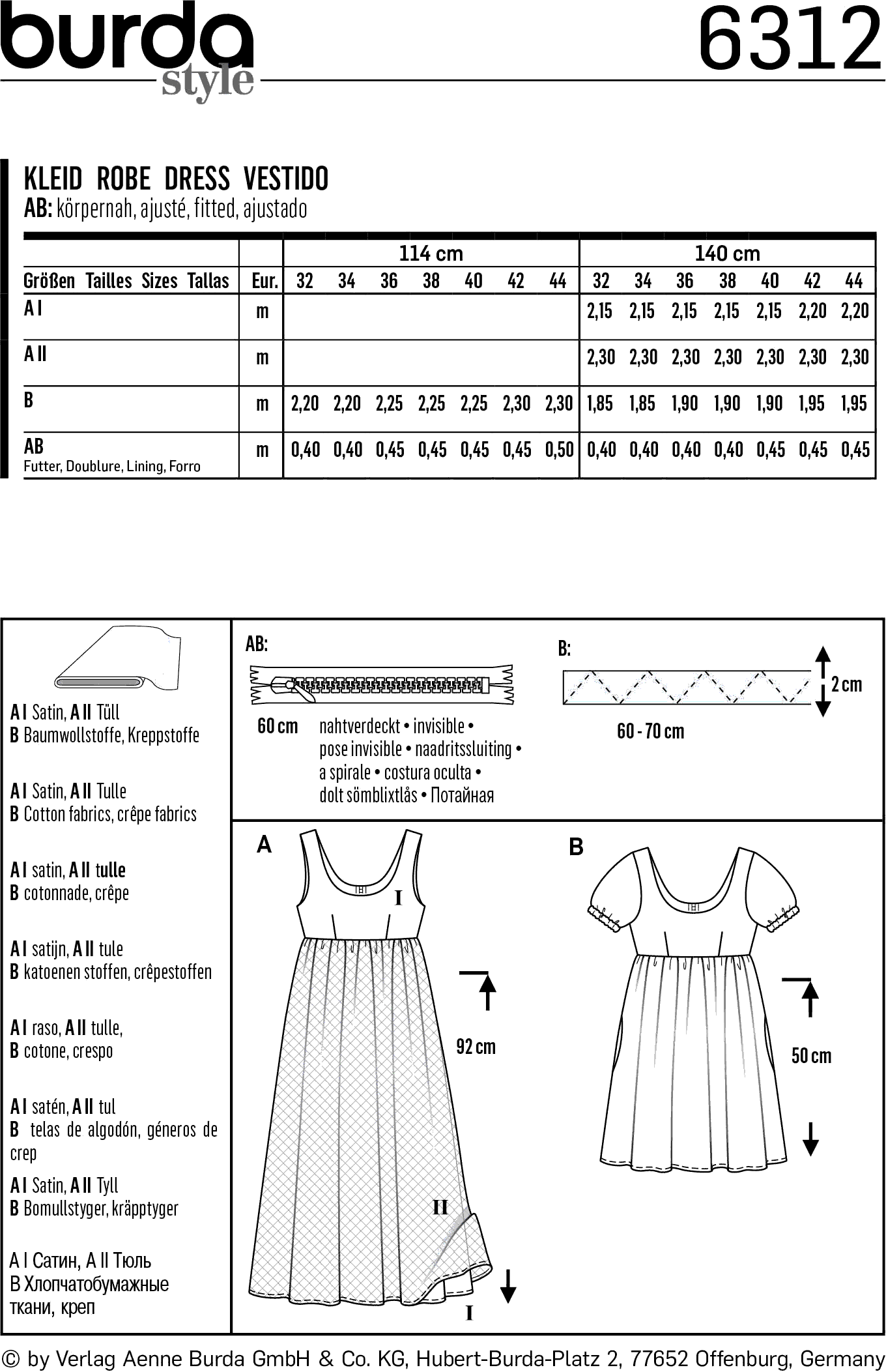 Burda Style Pattern B6312 Misses ballet neckline dress 6312 Fabric Quantity Requirements From Patternsandplains.com