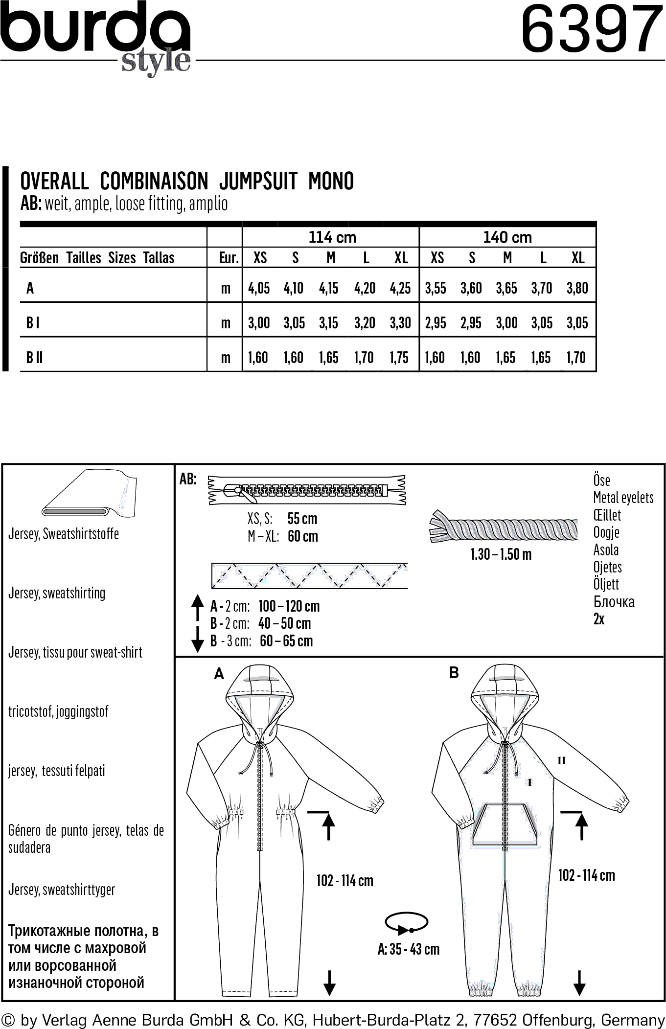 Burda Style Pattern B6397 Unisex Hodded Jumpsuit 6397 Fabric Quantity Requirements From Patternsandplains.com