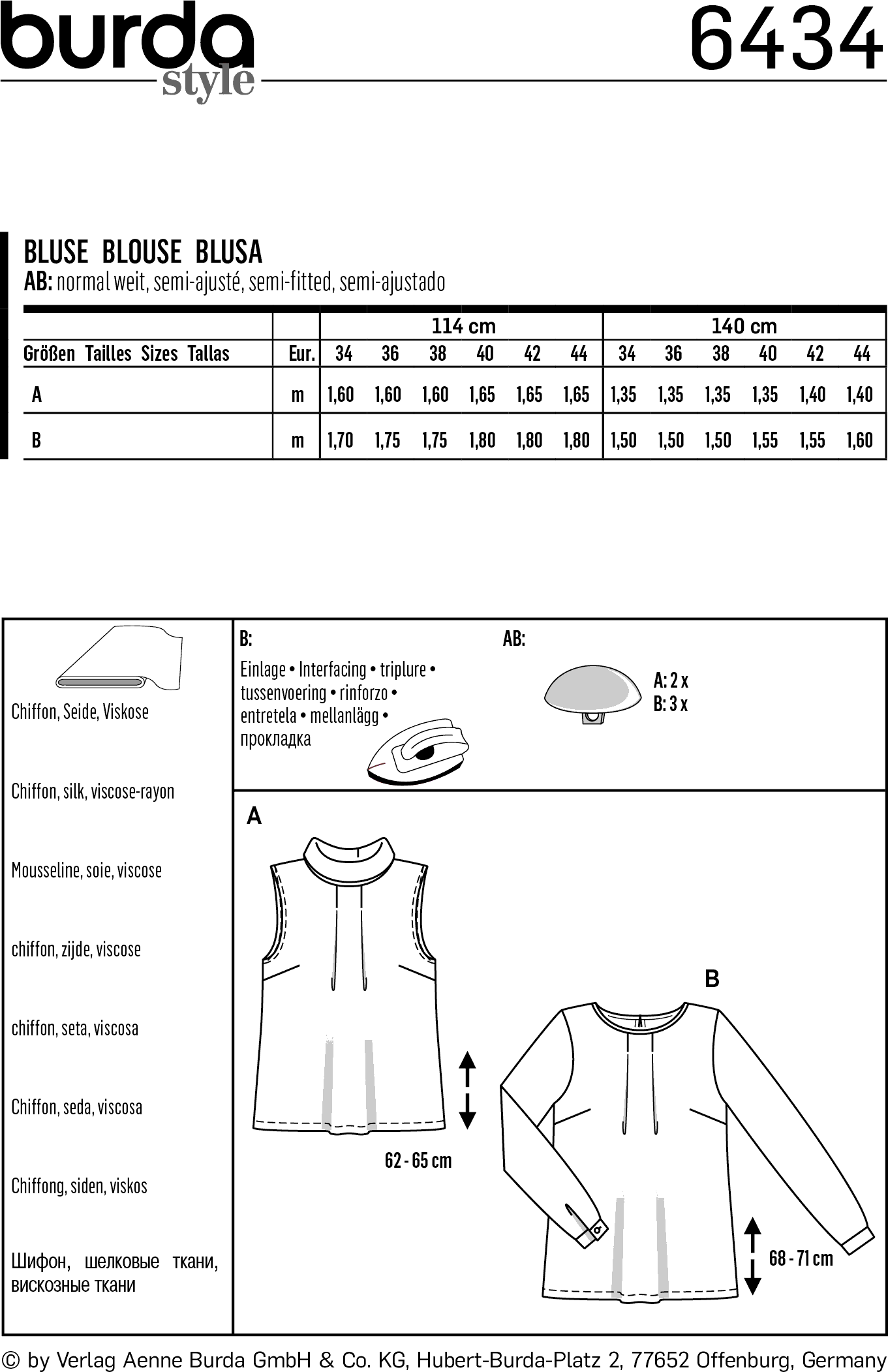 Burda Style Pattern B6434 Womens Feminine Blouses 6434 Fabric Quantity Requirements From Patternsandplains.com