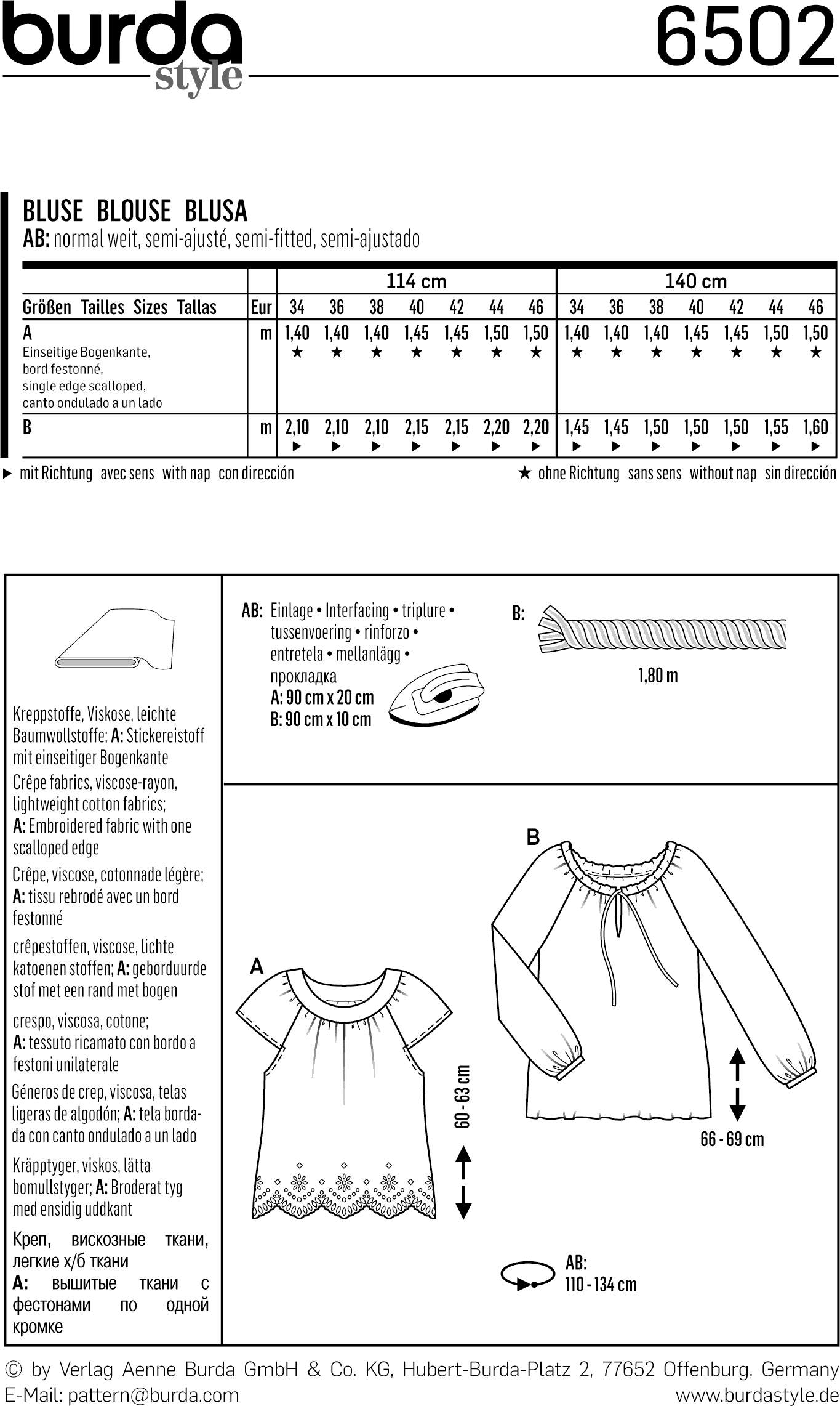 Burda Style Pattern B6502 Womens Peasant Blouses 6502 Fabric Quantity Requirements From Patternsandplains.com