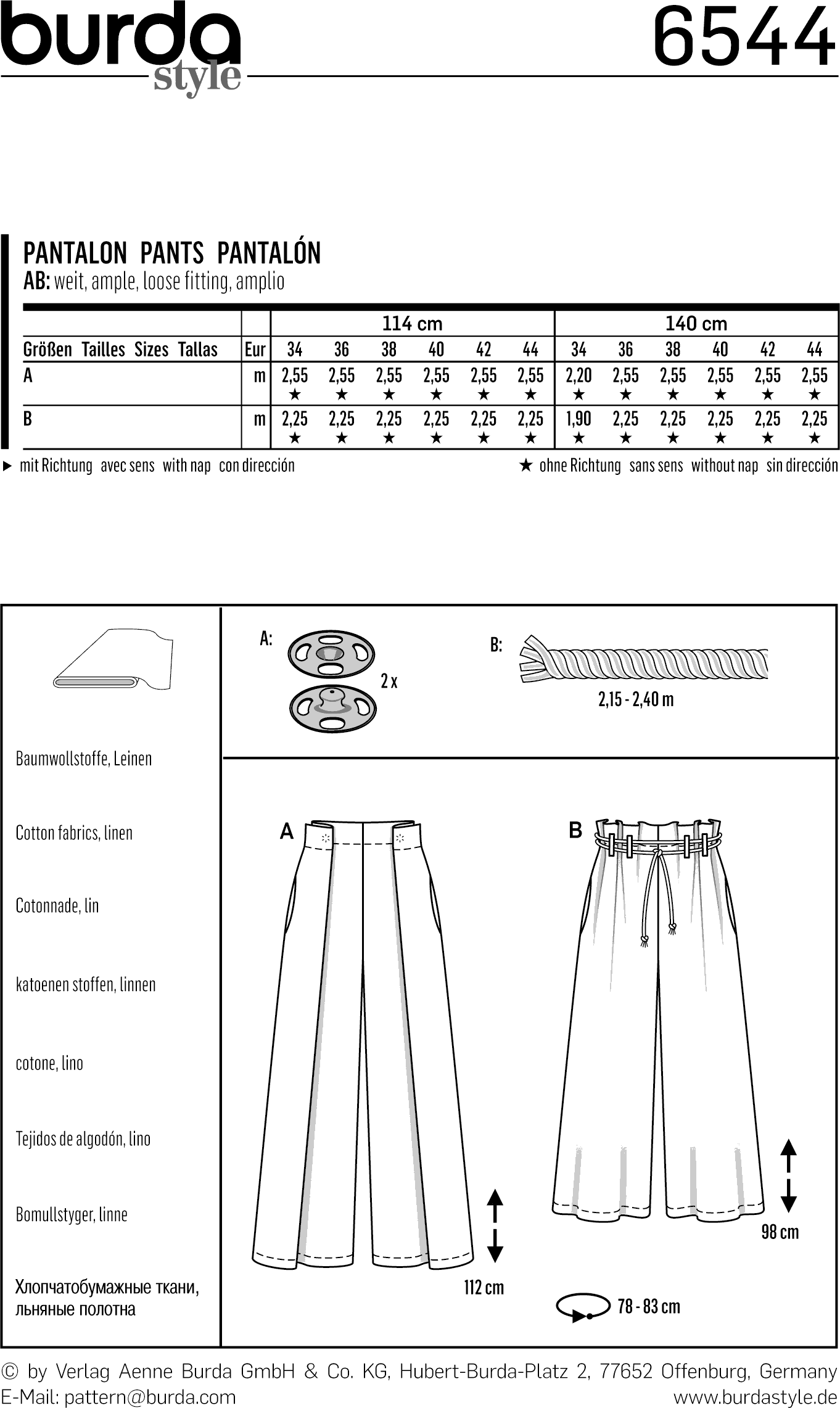 Burda Style Pattern B6544 Misses Pants 6544 Fabric Quantity Requirements From Patternsandplains.com