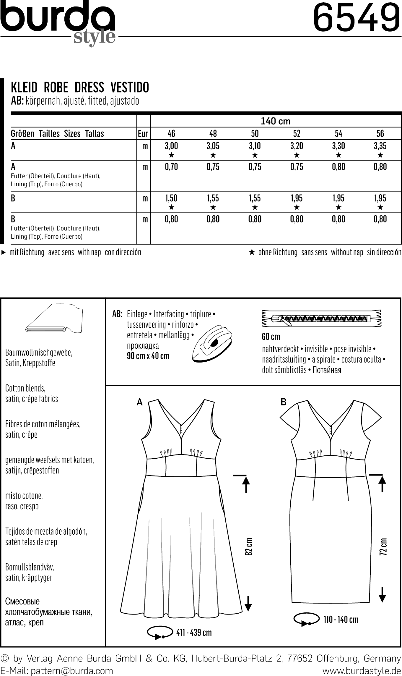 Burda Style Pattern B6549 Womens Short Sleeve Dress 6549 Fabric Quantity Requirements From Patternsandplains.com