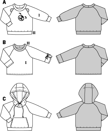 Burda Style Pattern B9308 Childrens Hoodie and Sweatshirt Tops Sleeve Trim and Pocket Variations 9308 Line Art From Patternsandplains.com