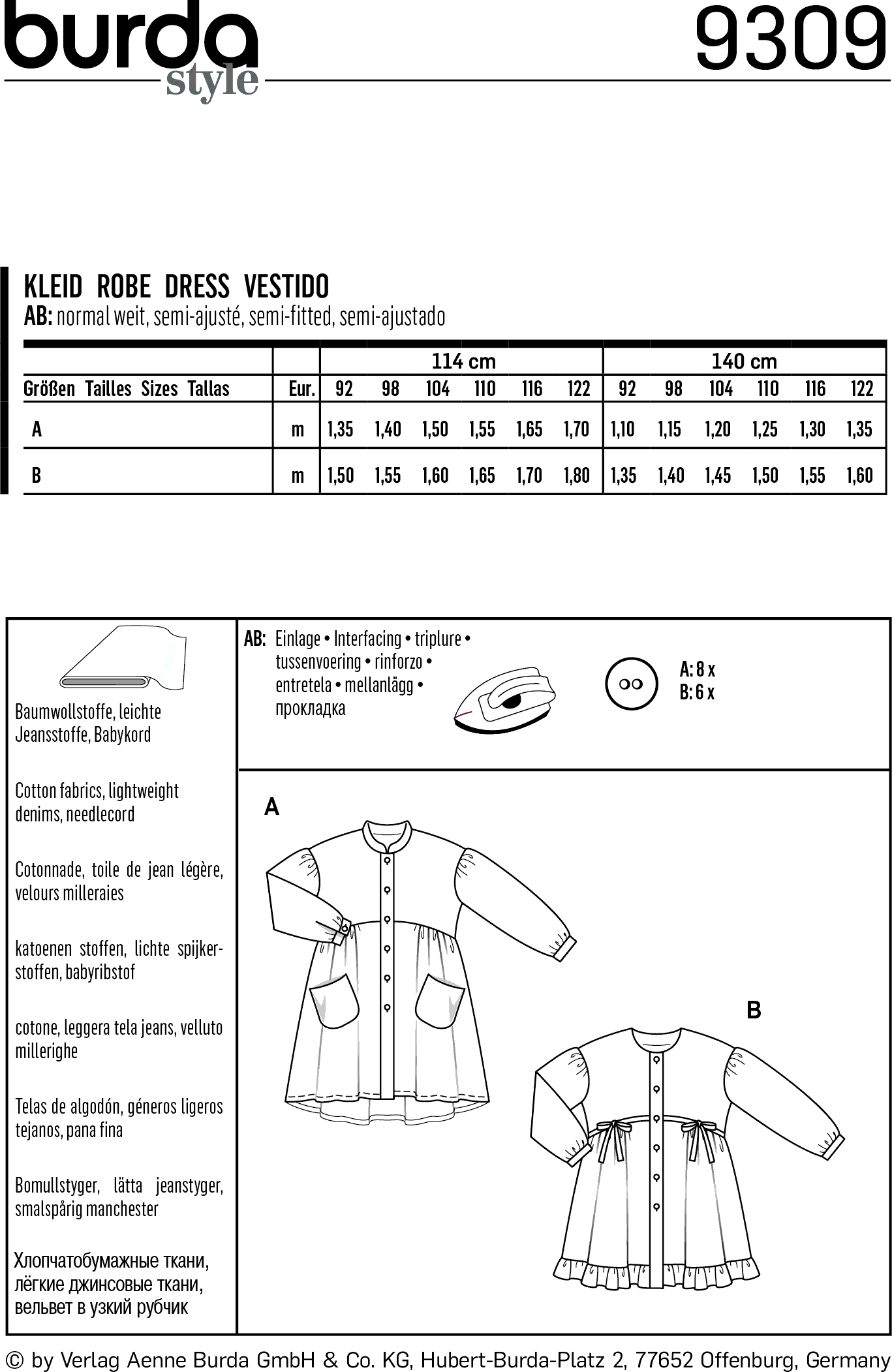 Burda Style Pattern B9309 Childrens Dresses Buttons at Front with Trim and Pocket Variations 9309 Fabric Quantity Requirements From Patternsandplains.com