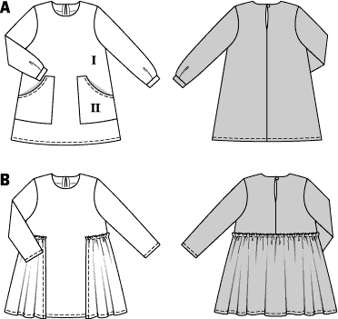 Burda Style Pattern B9310 Childrens Dress Pull On with Partially Pleated Skirt or Feature Pockets 9310 Line Art From Patternsandplains.com