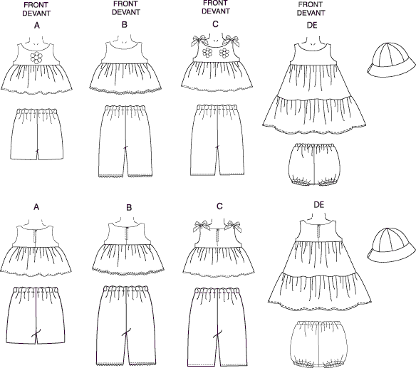 Butterick Pattern B5017 Infants Top Dress Panties Shorts Pants and Hat 5017 Line Art From Patternsandplains.com