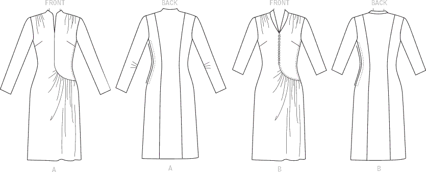Butterick Pattern B6374 Misses Swan Neck or Shawl Collar Dresses with Asymmetrical Gathers 6374 Line Art From Patternsandplains.com